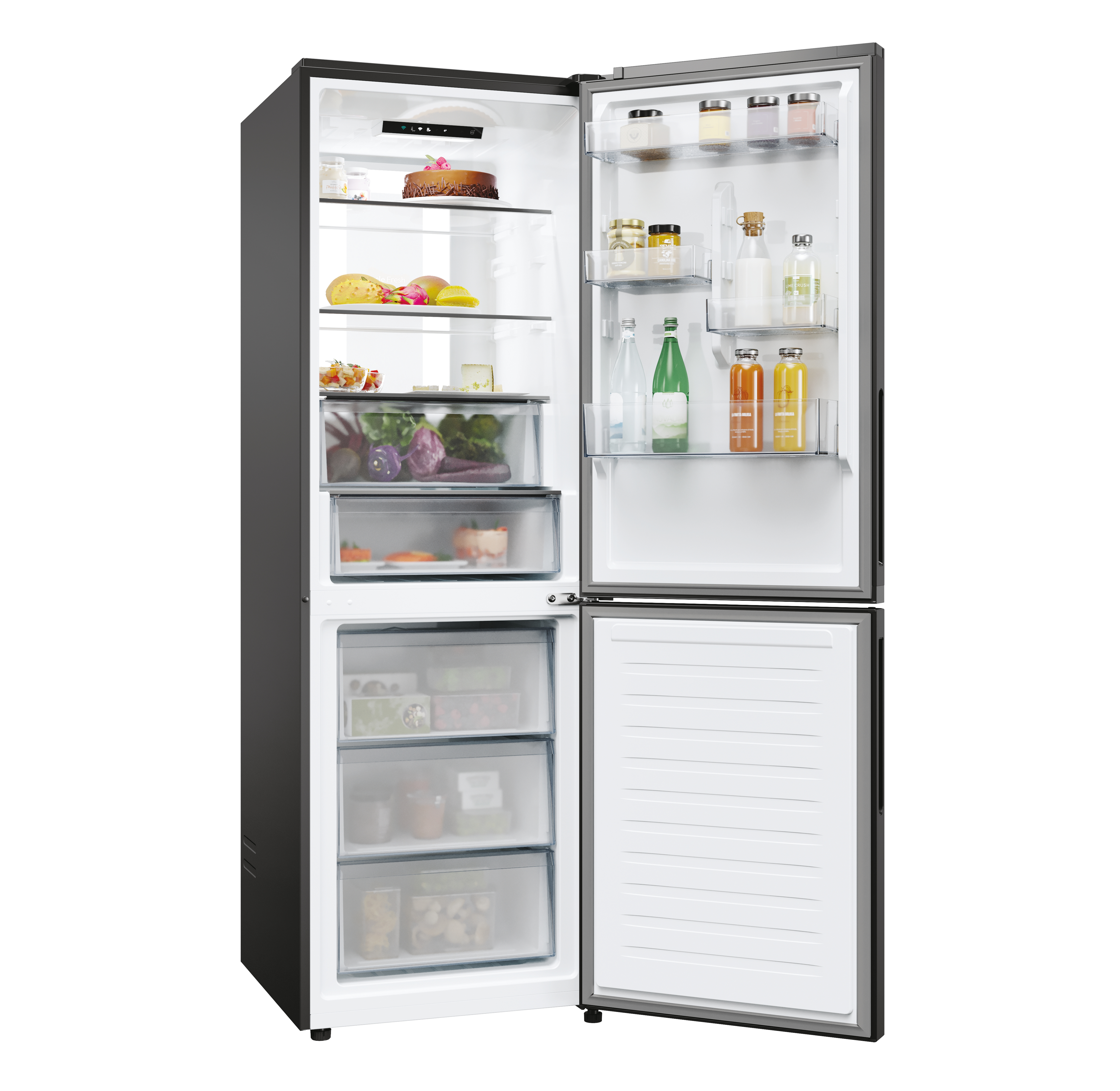 Frigorifero aperto pieno di alimenti. Include torta, frutta, verdura, barattoli e bottiglie. Esterno nero, interno bianco.