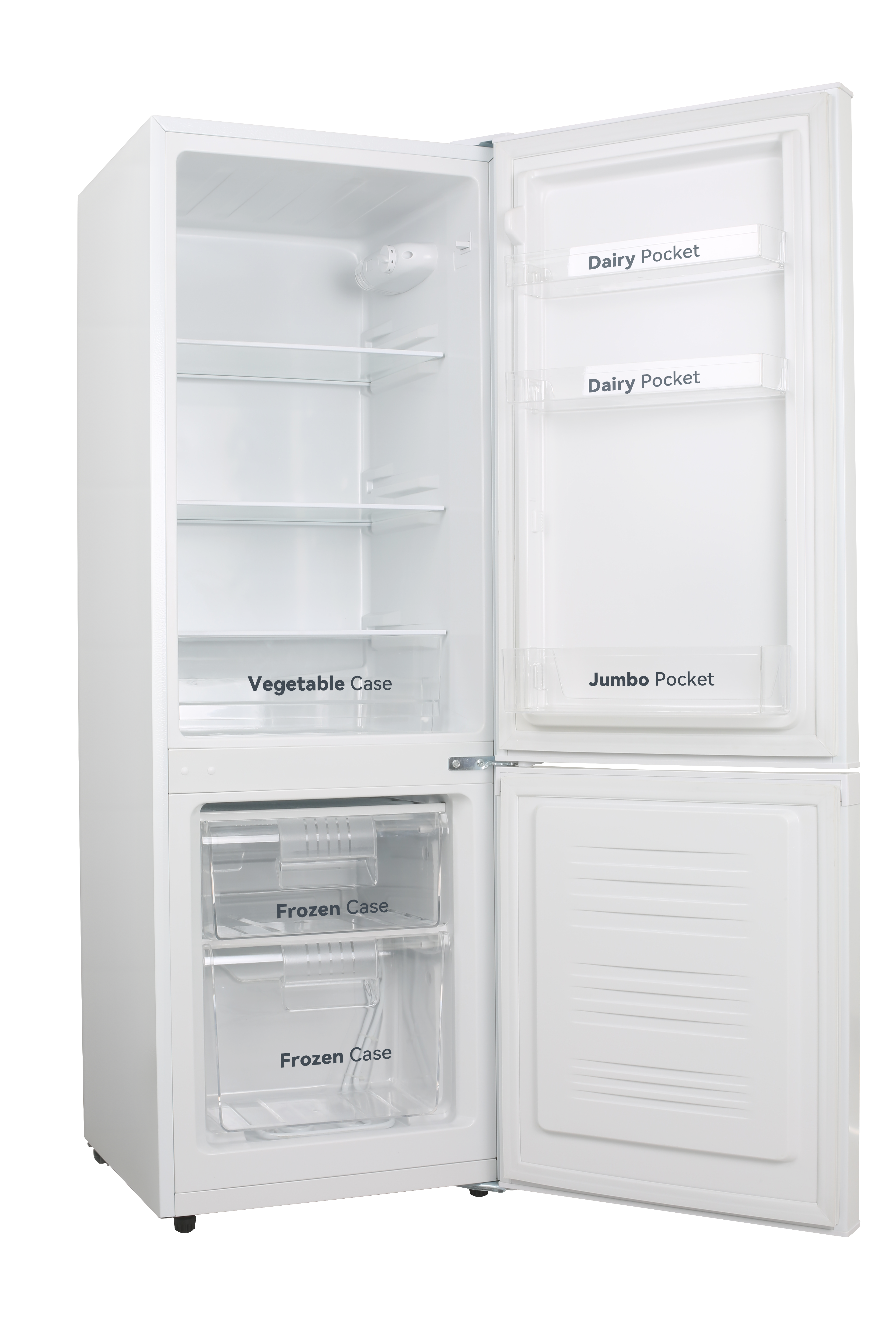 Un refrigerador blanco con puertas abiertas. En el interior hay estantes, compartimentos para verduras y congelados, y bolsillos para lácteos y grandes.