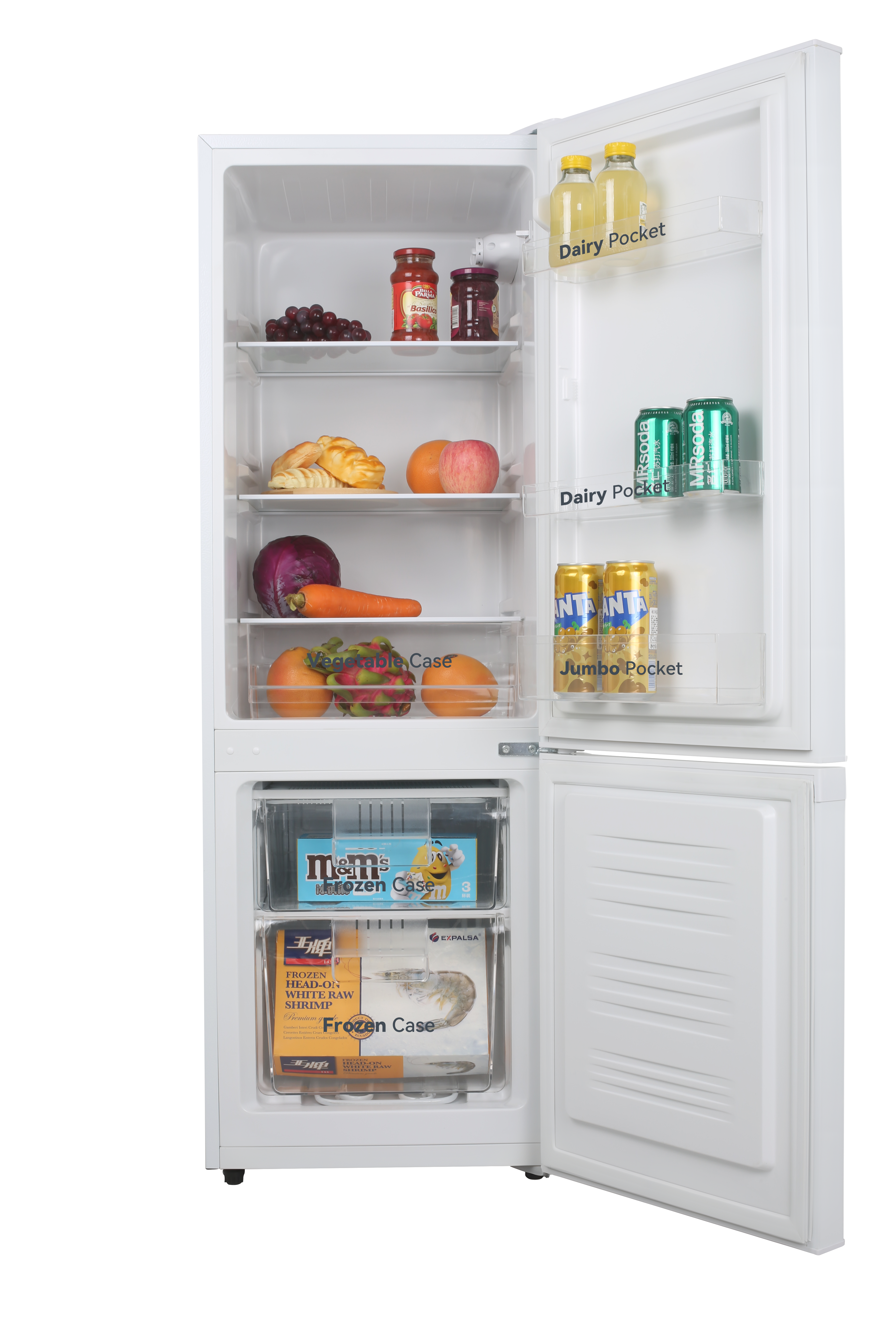 Refrigerador blanco abierto, lleno de alimentos como frutas, bebidas y congelados. La puerta está entreabierta.