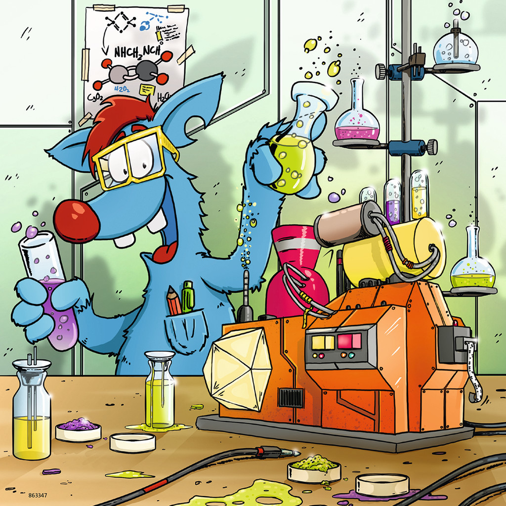 Cartoon-Labszene. Eine blaue Kreatur mit Brille hält Becher mit bunten Flüssigkeiten. Laborausrüstung und eine Maschine stehen auf dem Tisch.