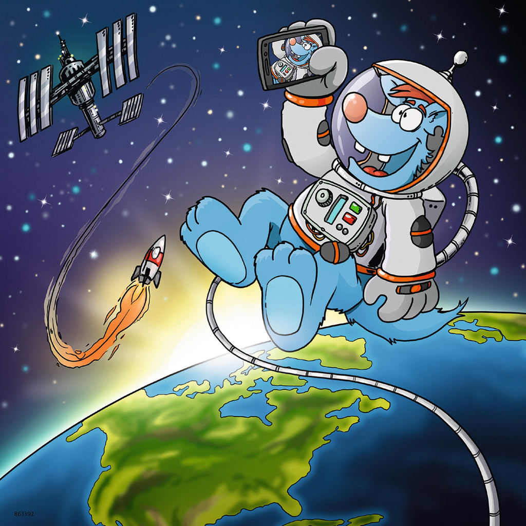 Ein blauer Cartoon-Alien-Astronaut macht ein Selfie im Weltraum in der Nähe der Erde, einer Rakete und einer Raumstation.