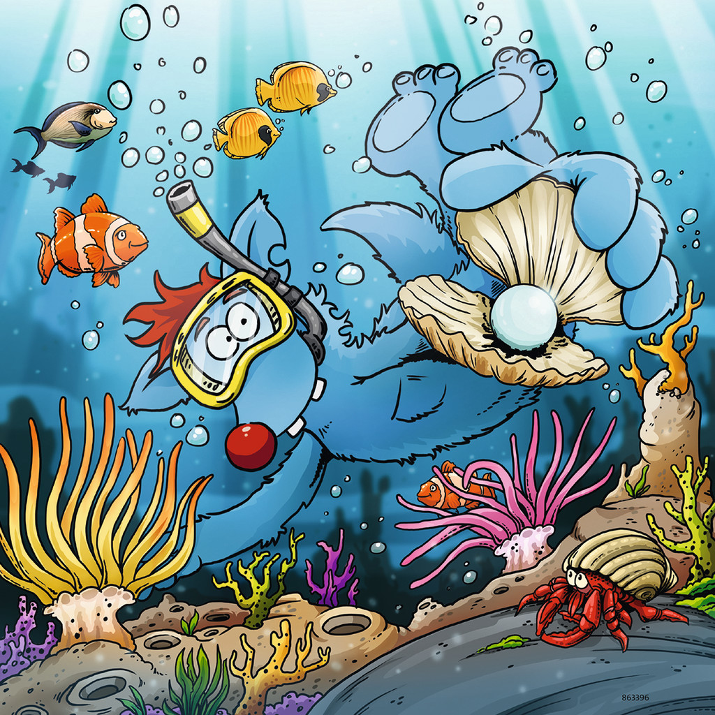 Ein blaues Cartoon-Wesen unter Wasser mit einer Perle in einer Muschel. Fische und Korallen umgeben es. Das Wesen trägt einen Schnorchel.
