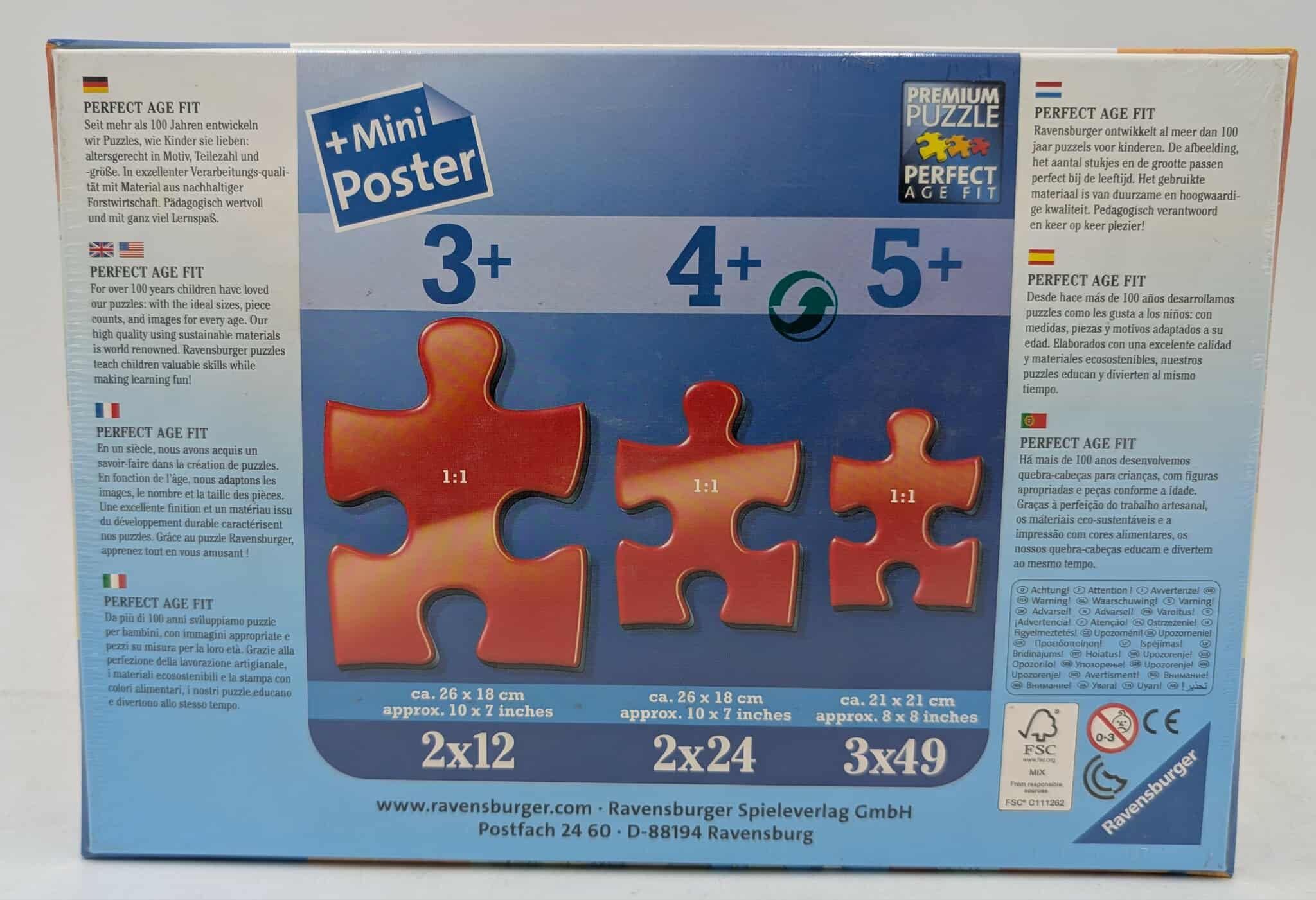 Puzzledose mit roten Puzzleteilen. Text enthält 'Perfect Age Fit', Altersangaben und Puzzledetails. Ravensburger-Logo.