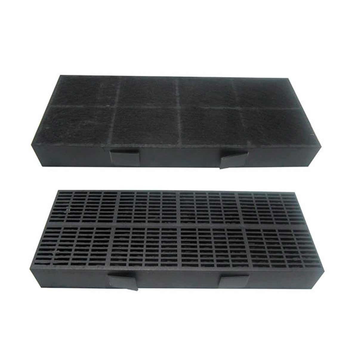 Dos filtros de aire rectangulares negros. El superior es sólido, el inferior tiene un patrón de rejilla. Ambos tienen pequeñas pestañas laterales.