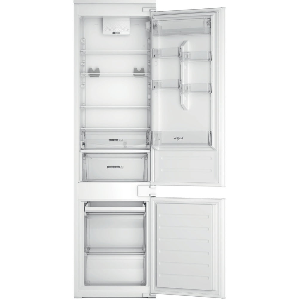 Un frigorifero bianco con le porte aperte. All'interno, ci sono ripiani, cassetti e un logo 'Whirlpool'. Anche la porta del congelatore è aperta.