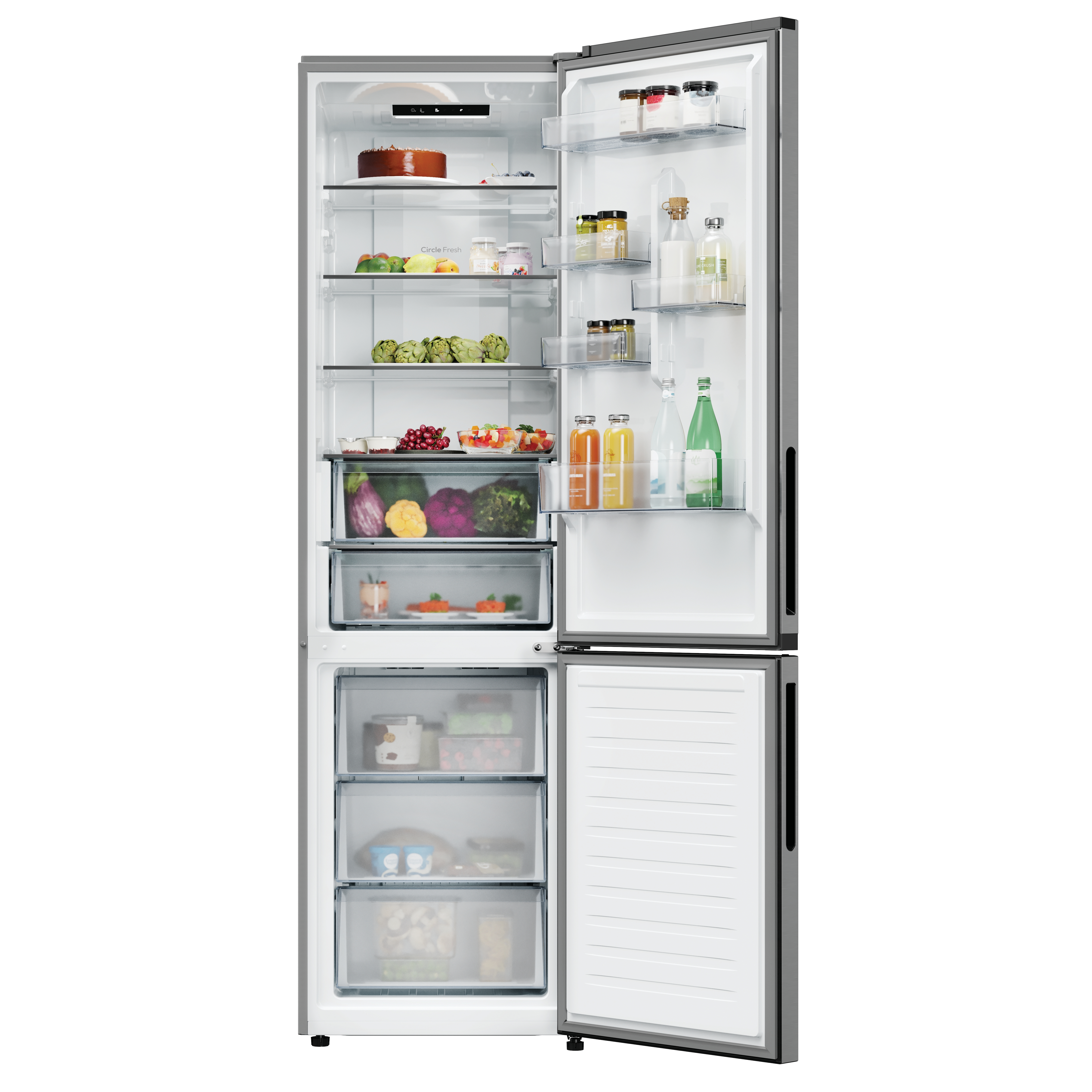 Refrigerador abierto mostrando estantes de comida: frutas, verduras, bebidas y alimentos preparados. Incluye un pastel.