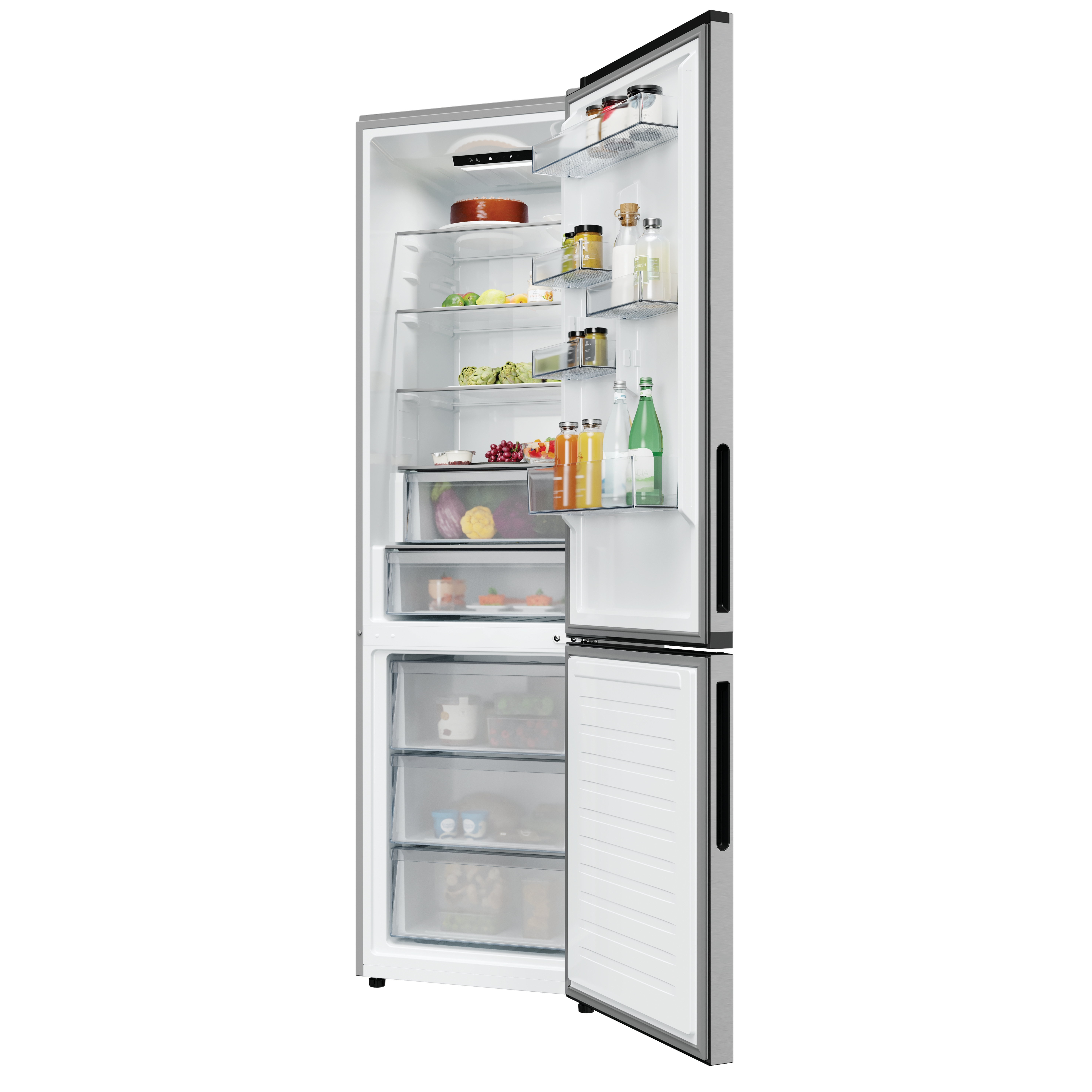 Un refrigerador con las puertas abiertas, mostrando estantes llenos de alimentos como frutas, verduras y botellas. La puerta está abierta.