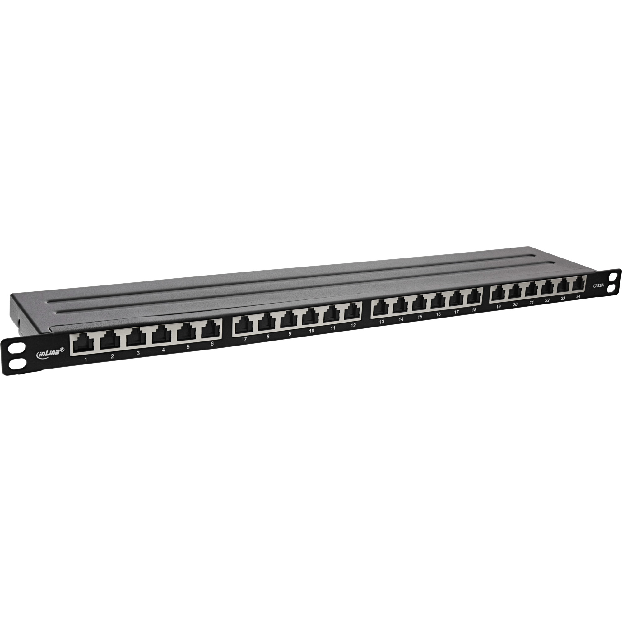 Un pannello di permutazione di rete nero con 24 porte numerate. Ha il marchio 'inLine' sul lato sinistro.
