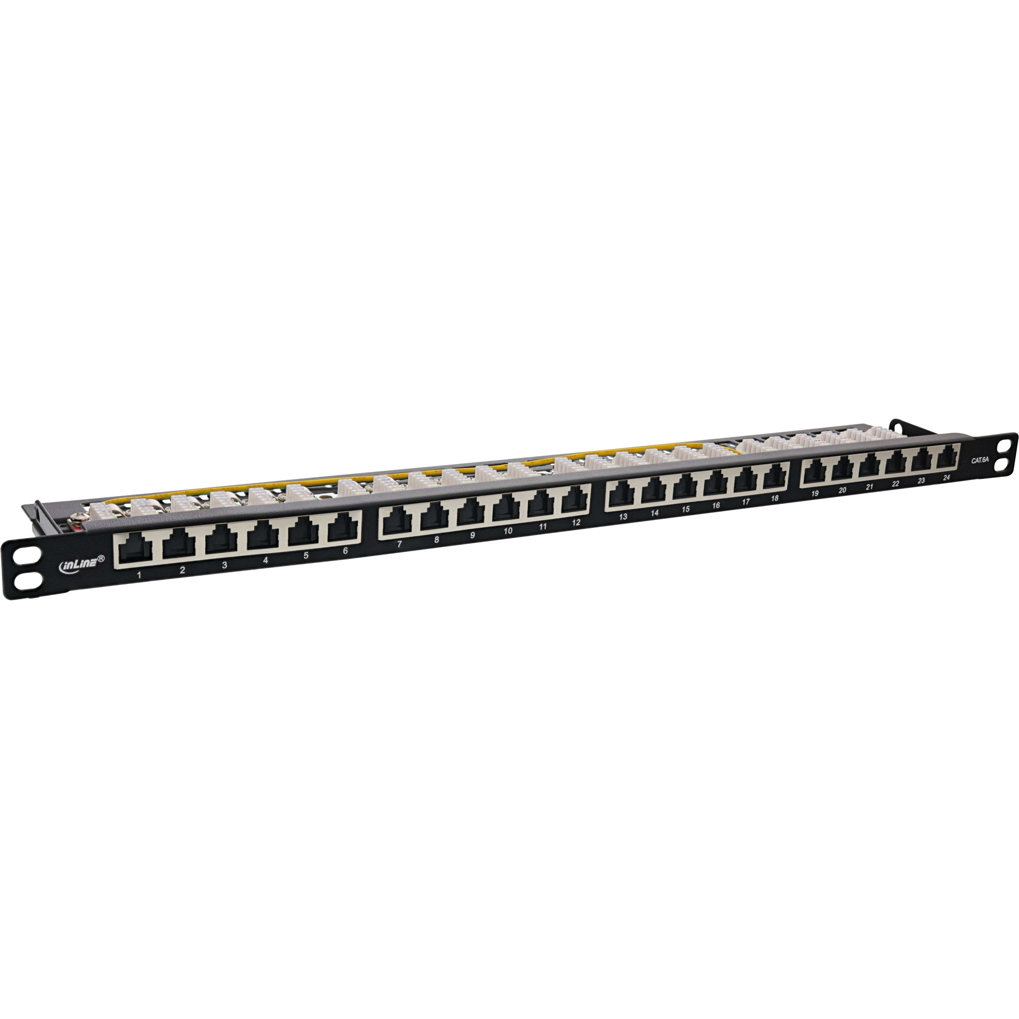Pannello patch nero con 24 porte RJ45, numerate da 1 a 24. Marchio: inLine. CAT.6A. Sfondo bianco.