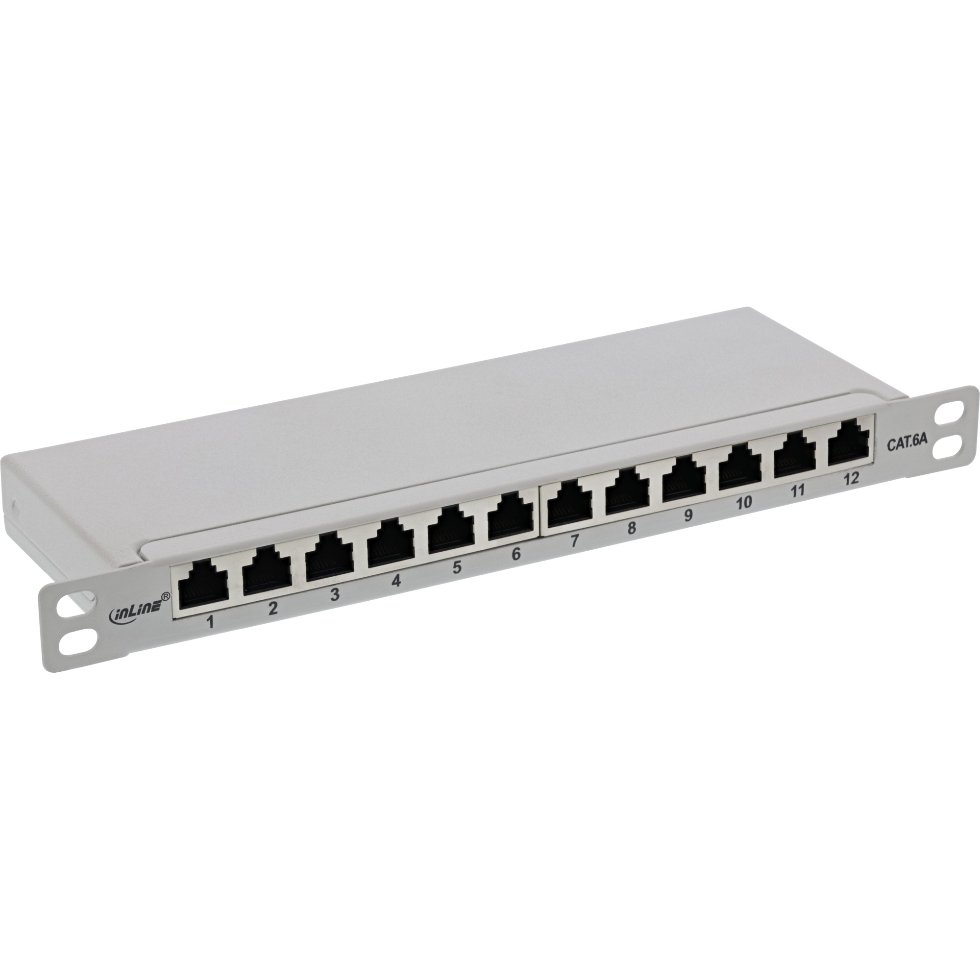 Un pannello di permutazione CAT.6A grigio con 12 porte RJ45. Ogni porta è numerata. Il pannello ha staffe.