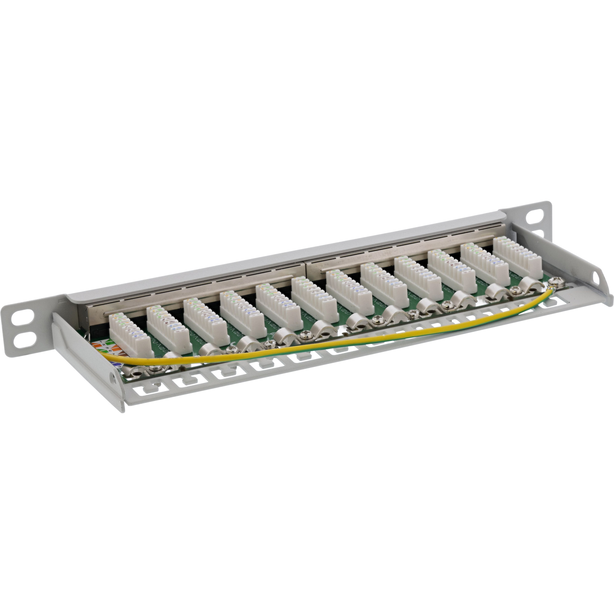 Un pannello di connessione grigio con connettori bianchi su sfondo bianco. Fili e cavi sono visibili.