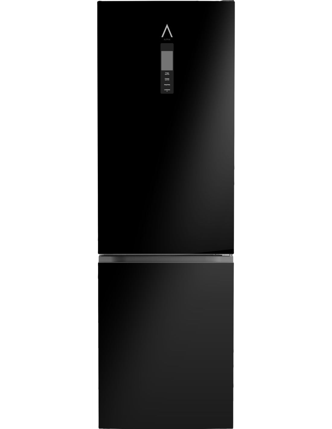 Un refrigerador negro con dos puertas. La puerta superior tiene un panel de control y el logotipo de la marca. Puerta inferior más grande. Manija plateada.