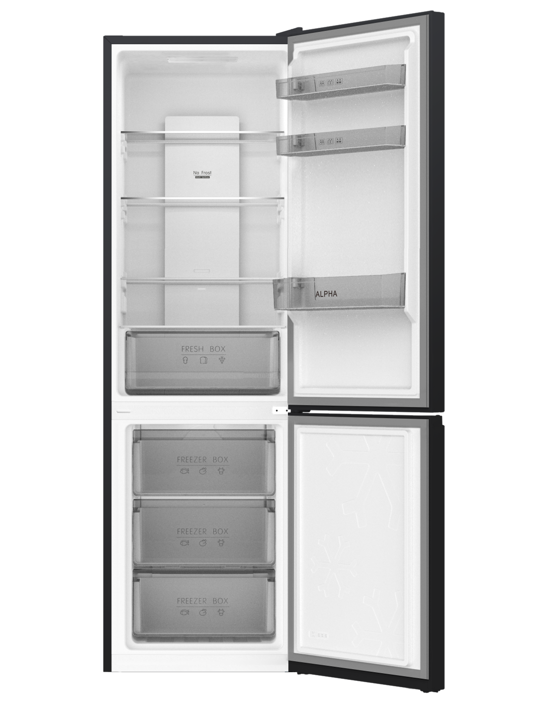 Refrigerador abierto mostrando estantes, cajones y compartimentos. Incluye etiquetas 'No Frost' y 'Fresh Box'. Sección congelador abajo.