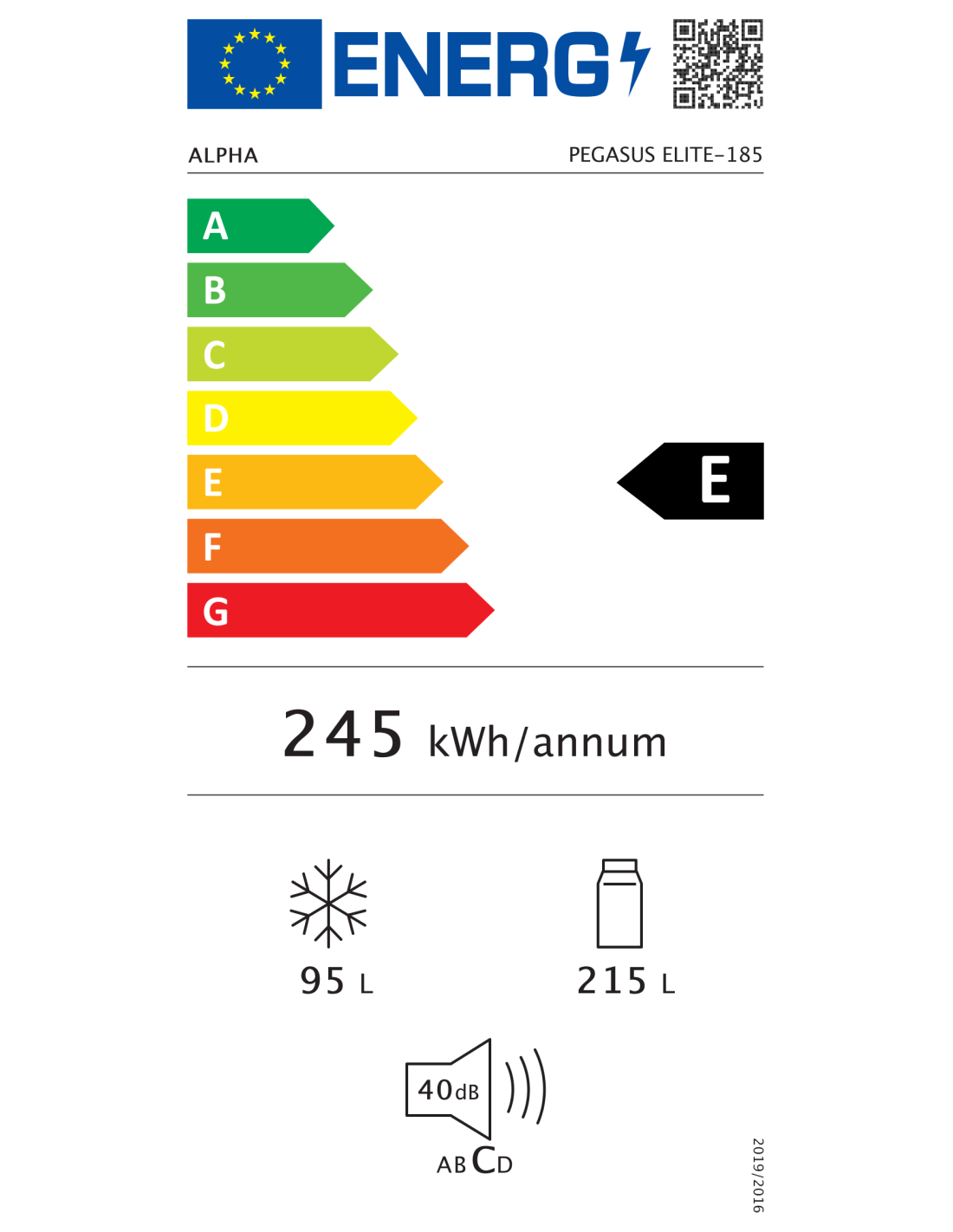 Etiqueta energética con letra E. Muestra consumo, capacidad y nivel de ruido de un refrigerador.