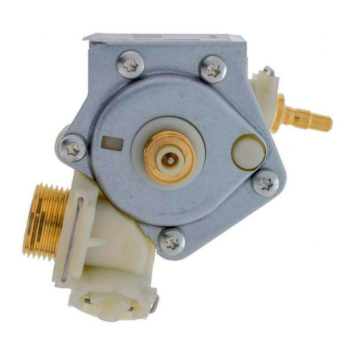 Componente mecánico con partes plateadas, doradas y blancas. Tornillos hexagonales aseguran una placa circular. Un racor de latón sobresale.
