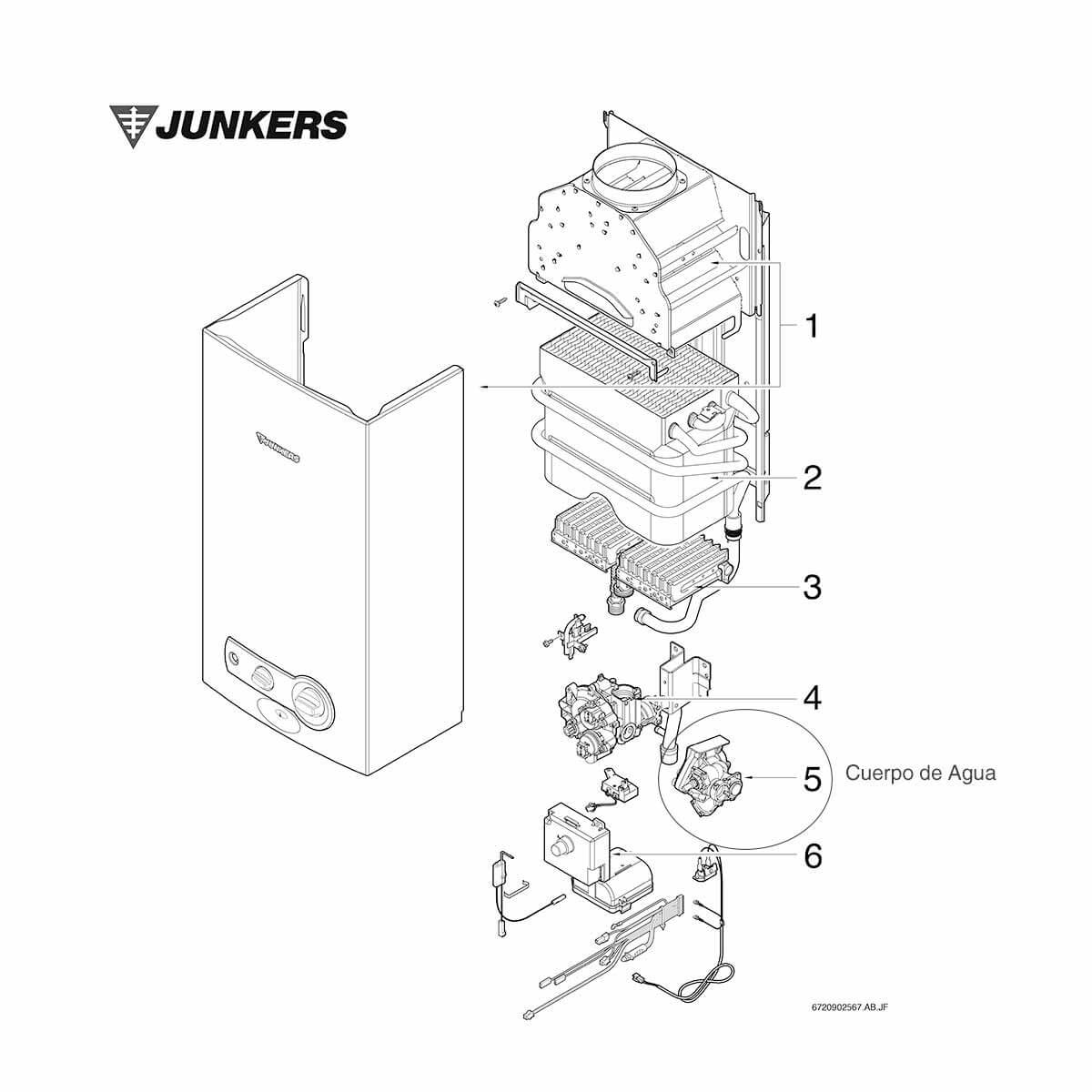 Diagrama de vista explosionada de una caldera Junkers. Muestra los componentes, incluyendo la carcasa y las partes internas.