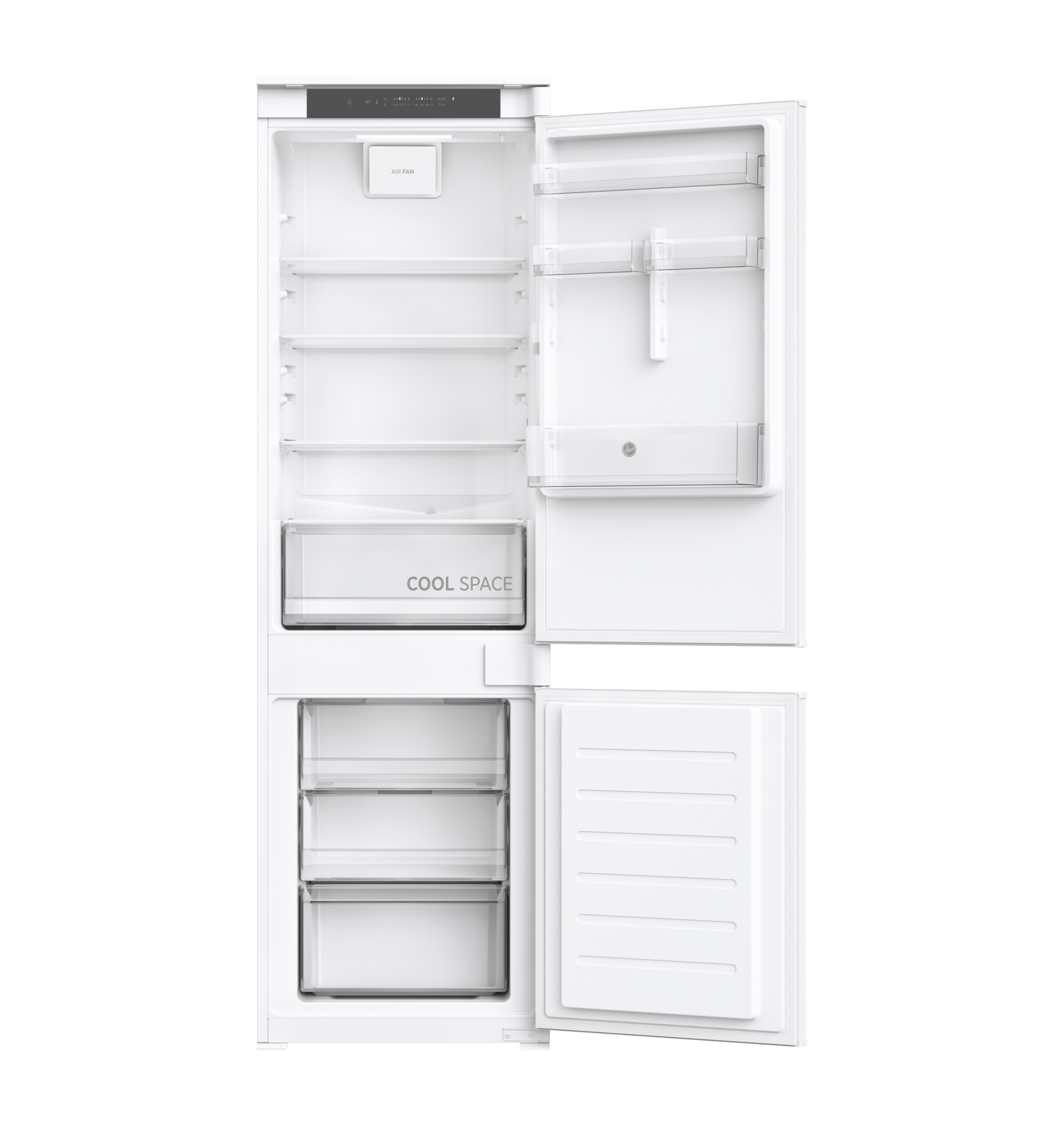Un frigorifero bianco con ante aperte, che rivela ripiani, cassetti e l'etichetta 'COOL SPACE'. Lo sfondo è bianco.