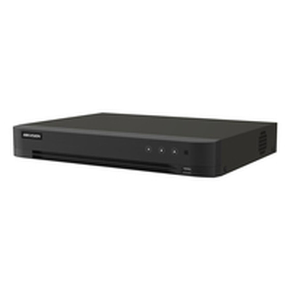 Un registratore DVR nero è visualizzato su una superficie bianca. Ha diverse piccole luci e un logo sul davanti.