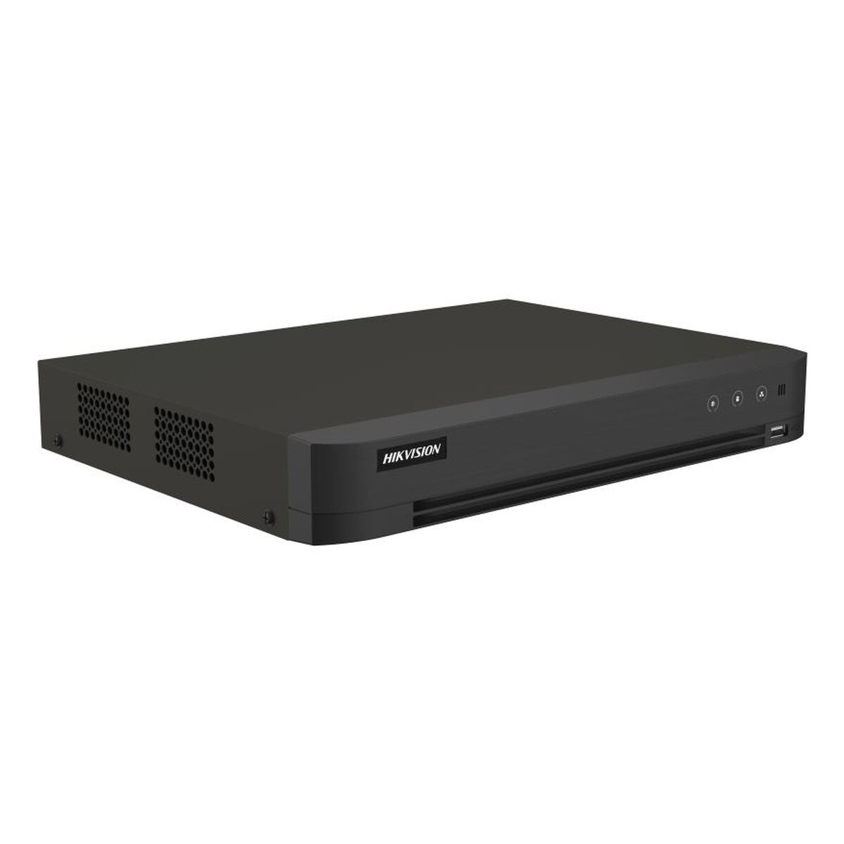 Un DVR Hikvision nero, rettangolare con prese d'aria, pulsanti e una porta USB. Il marchio è visibile.