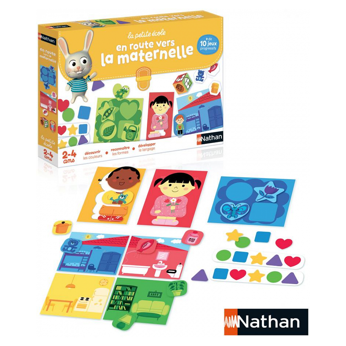 Una caja de juego educativo para niños con tarjetas, formas y un personaje de conejito. La caja dice 'la petite école' y 'Nathan'.