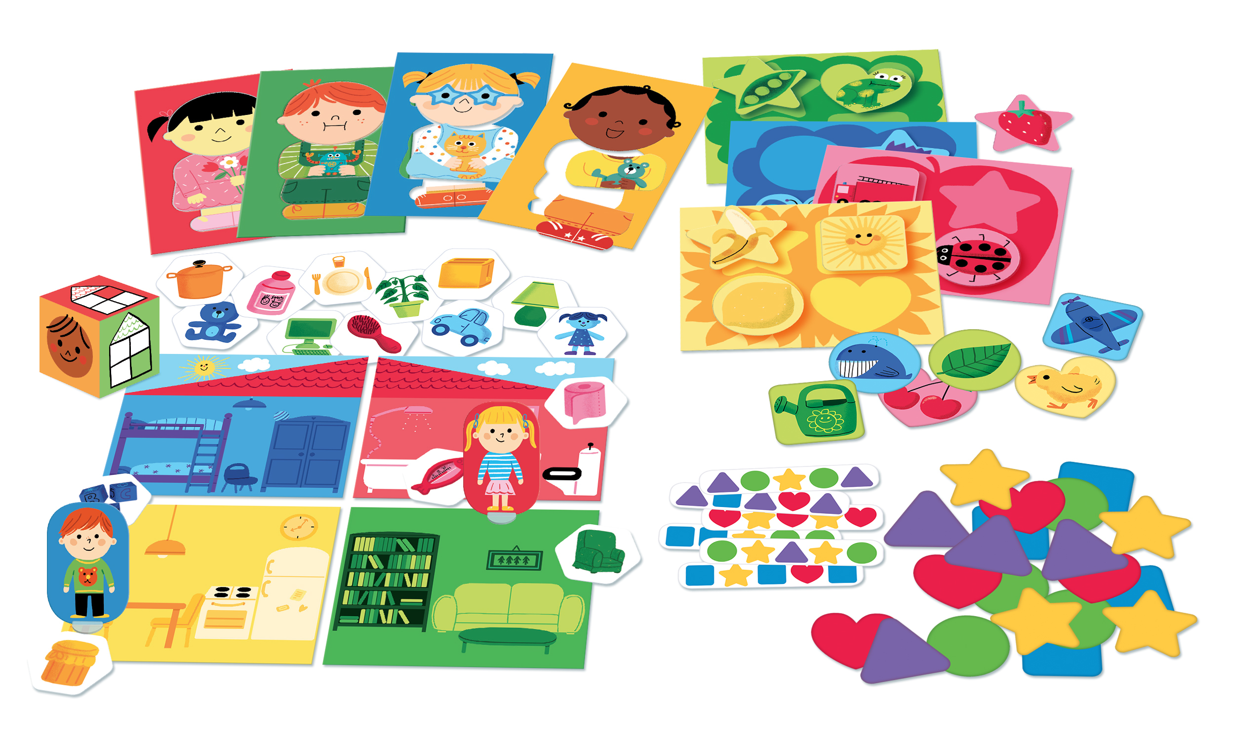 Varias piezas coloridas de juegos infantiles. Incluye personas, formas, escenas de casas y otros objetos sobre un fondo blanco.