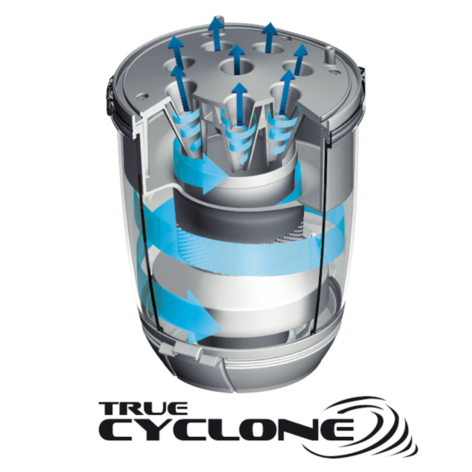Schnittdiagramm eines True Cyclone Staubsaugers. Zeigt den Luftstrom mit blauen Pfeilen. Das Logo befindet sich unten.