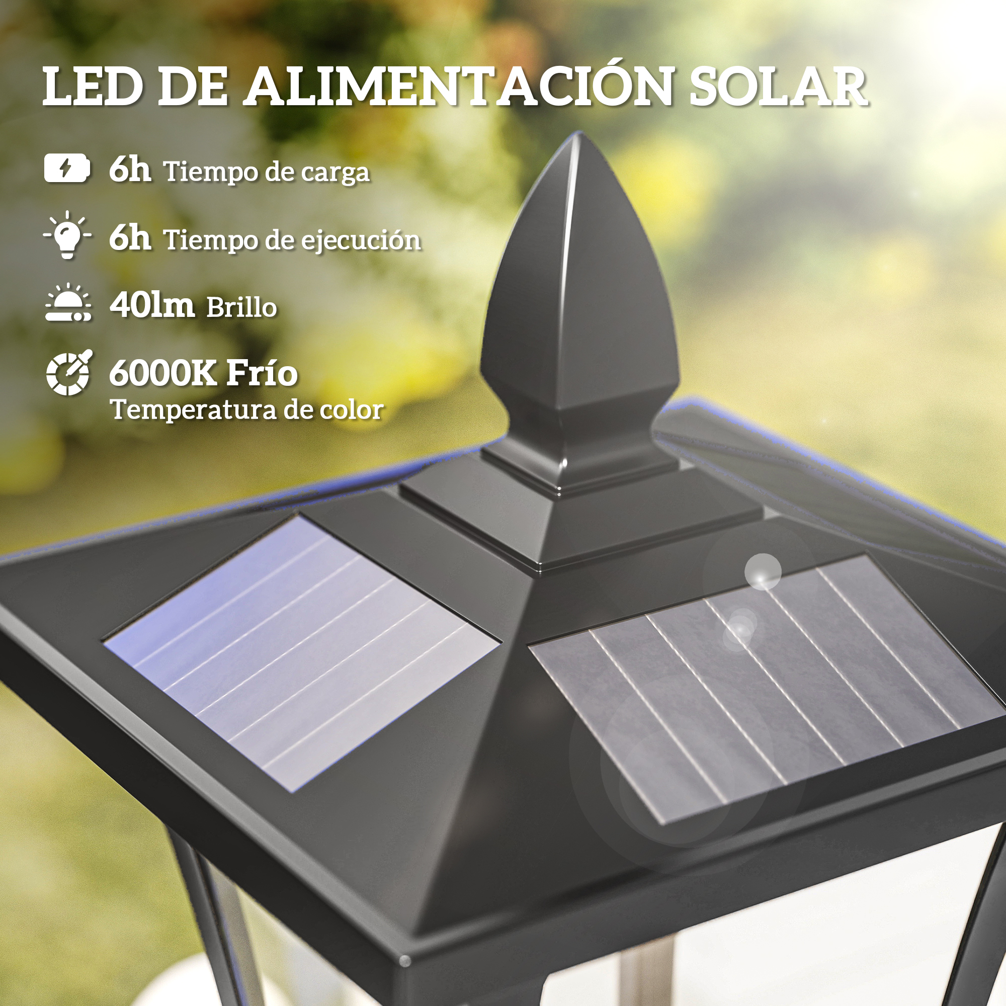 Se muestra una lámpara LED con energía solar. Tiene paneles solares y una tapa negra. El texto describe el tiempo de carga, el tiempo de funcionamiento, el brillo y la temperatura del color.