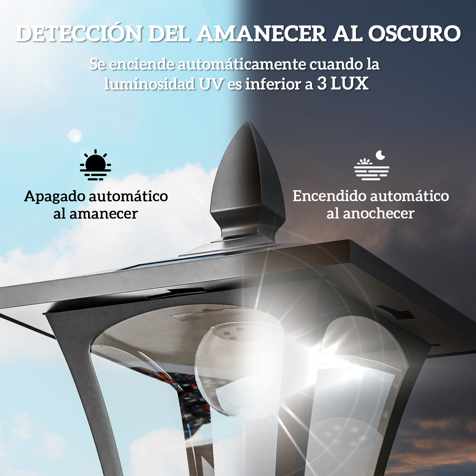 Ilustración de una farola. El texto dice 'Detección de amanecer a oscuridad'. Se enciende y apaga automáticamente.