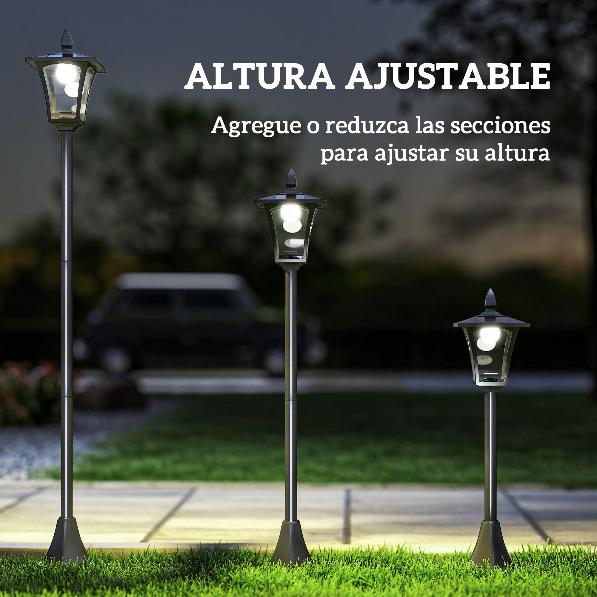 Tres lámparas exteriores negras de diferentes alturas sobre césped. Texto: Altura ajustable. Agregue o reduzca secciones.