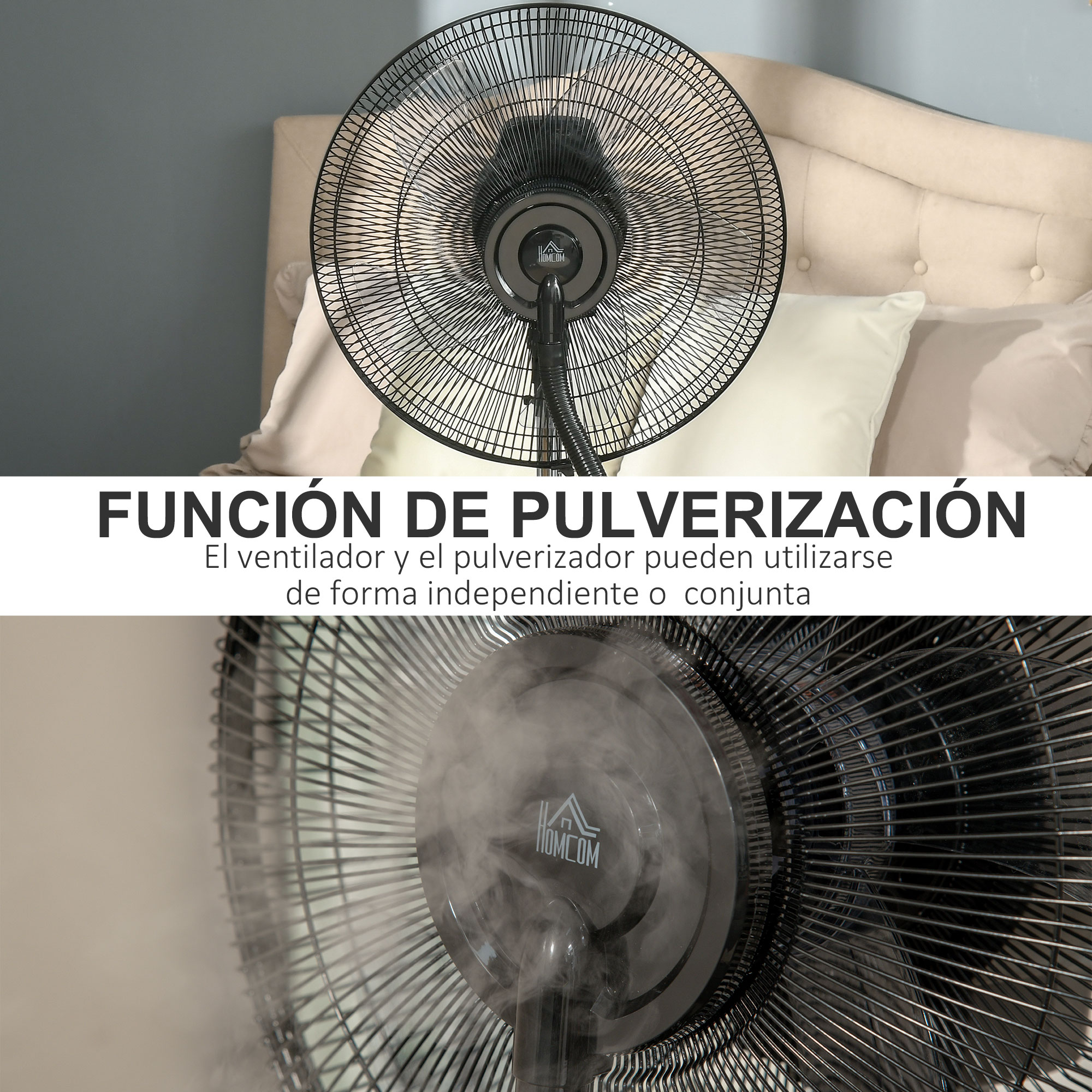Un ventilador negro con una jaula protectora está rociando agua. El fondo muestra una cama y una descripción de texto.