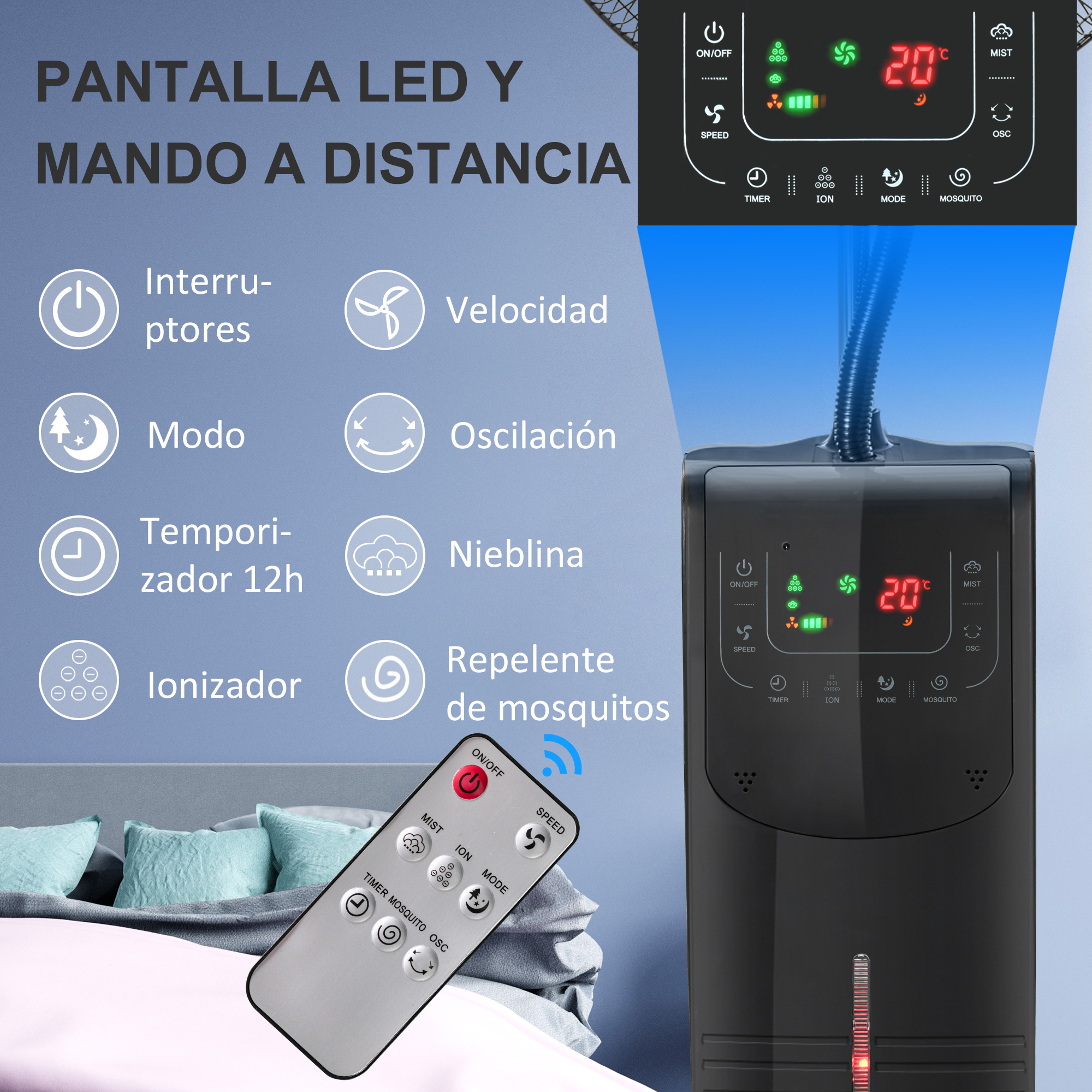 Purificador de aire con pantalla LED, mando a distancia, mostrando temperatura, opciones de modo y repelente.