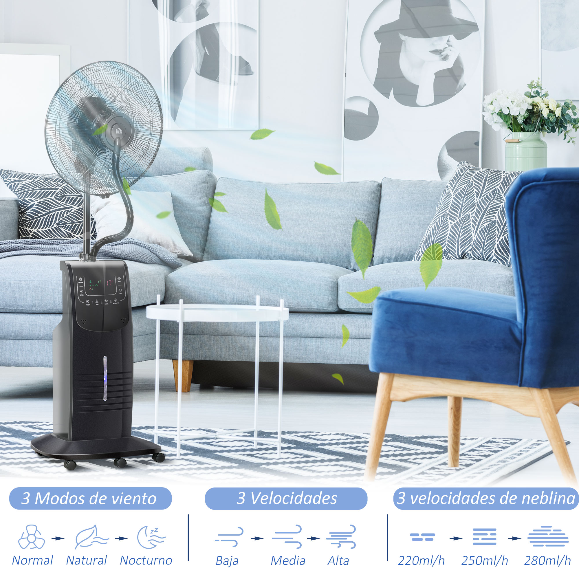 Un ventilador humidificador negro en una sala de estar. Una silla azul está a la derecha. Hojas verdes flotan en el aire.