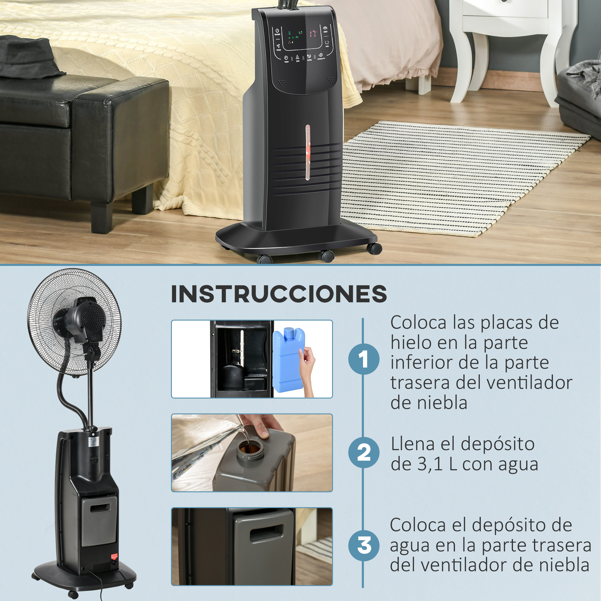 Un humidificador negro con instrucciones de uso. El texto está en español.