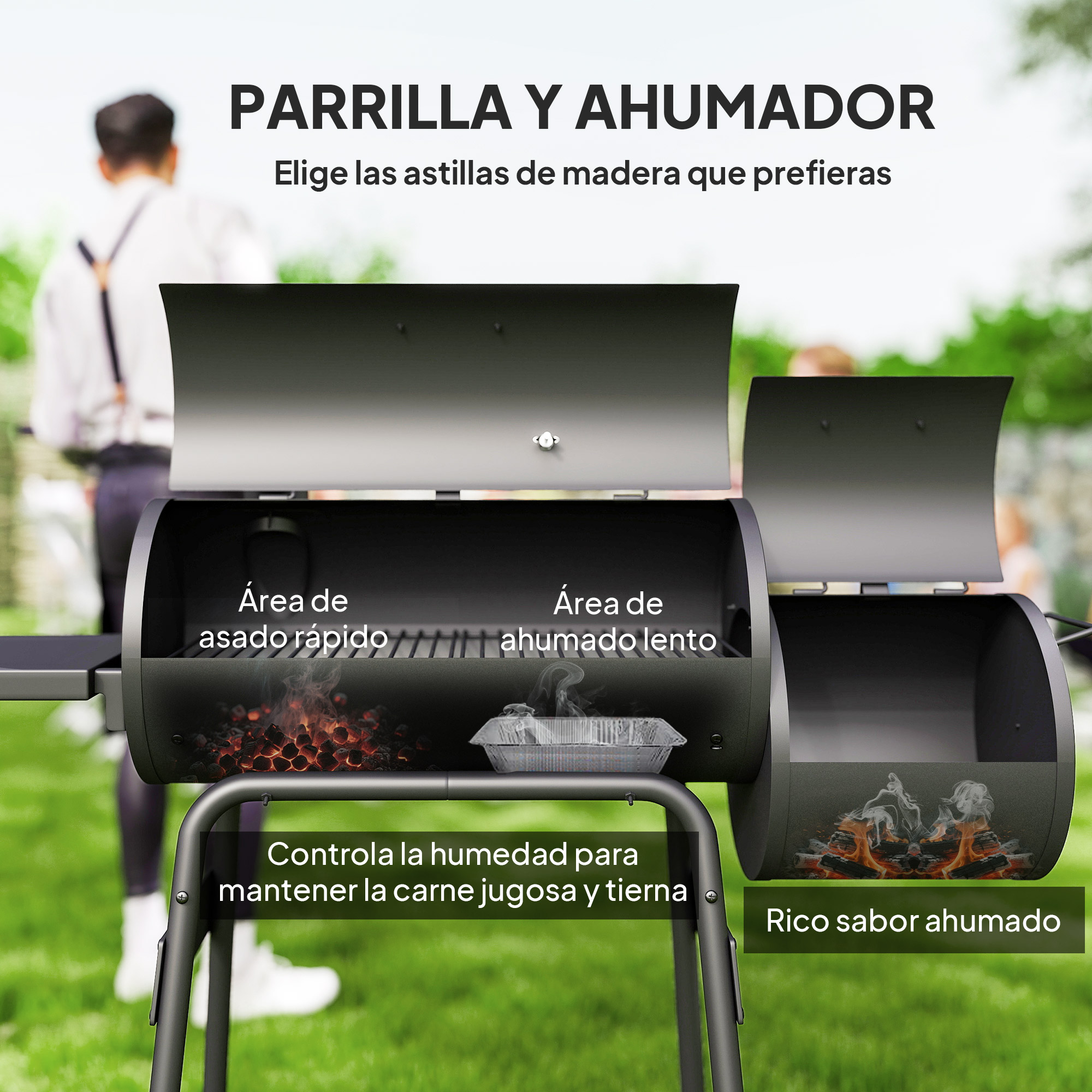 Una parrilla y ahumador negros con tapas abiertas. El texto indica asado rápido y ahumado lento, con persona borrosa en el fondo.