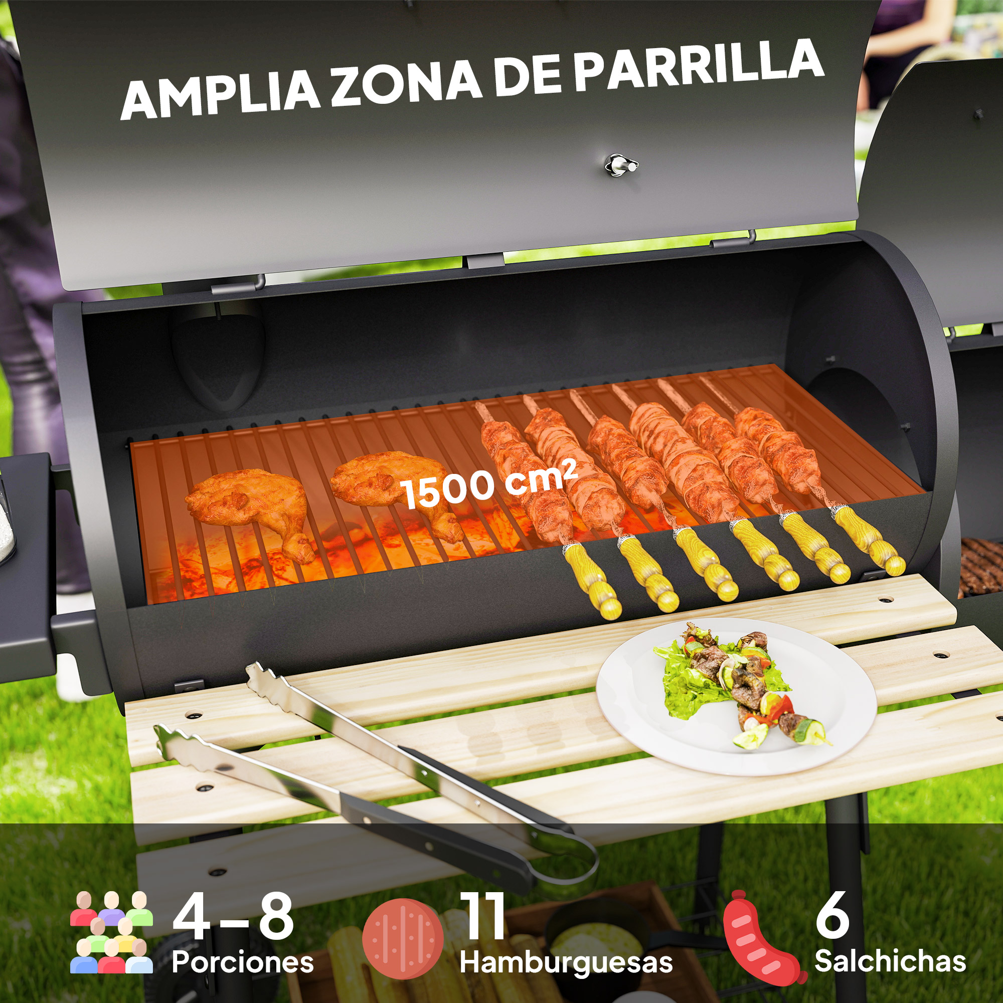 Parrilla con brochetas y pollo. Un plato de comida y pinzas están sobre una mesa de madera. Incluye información de porciones.