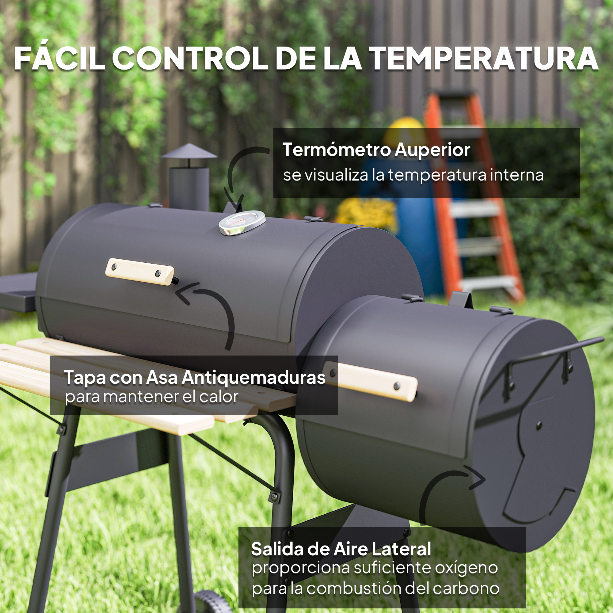 Parrilla negra con asas de madera, termómetro y ventilación, en jardín con escalera al fondo.