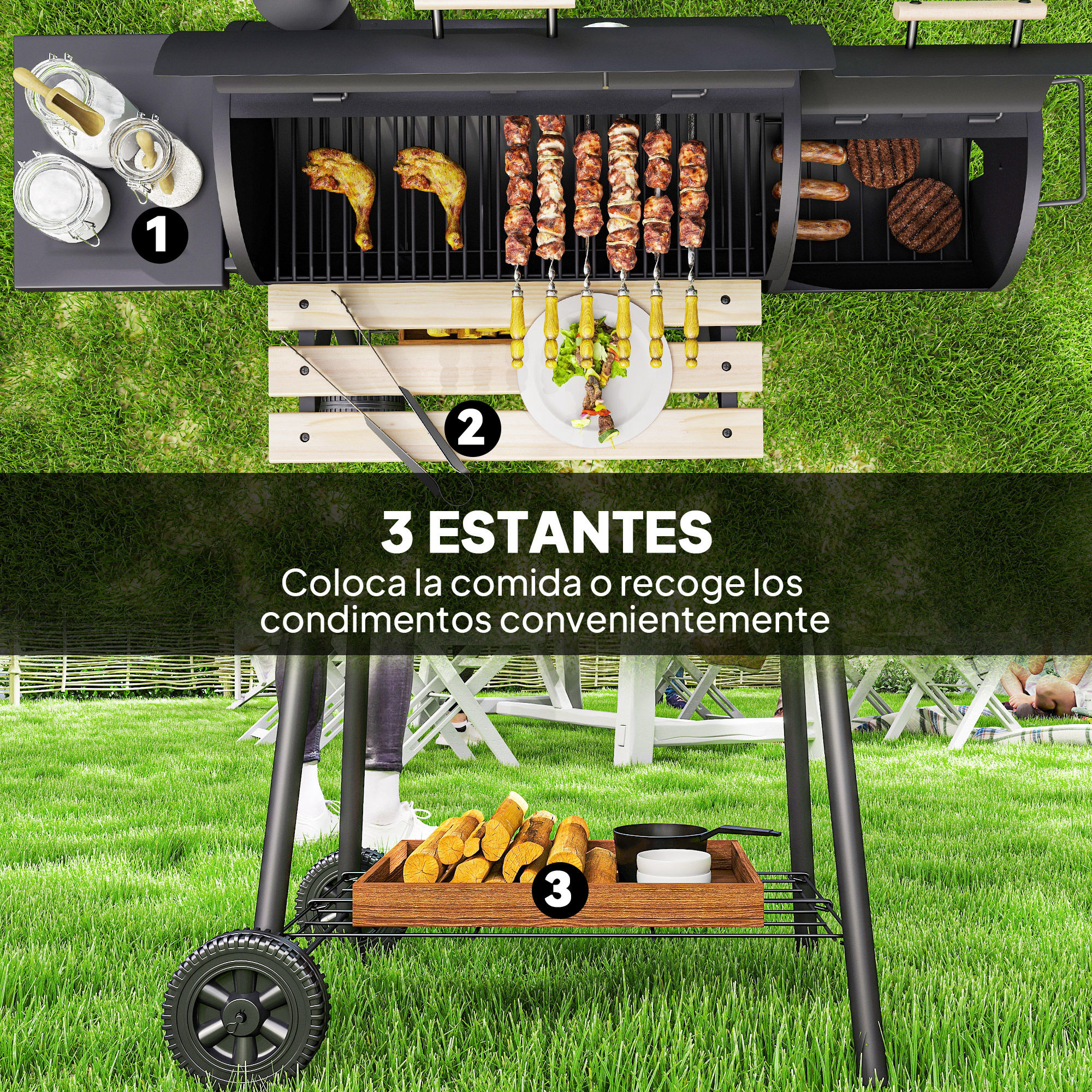 Una parrilla con varios alimentos cocinándose. También hay condimentos y una bandeja con madera.