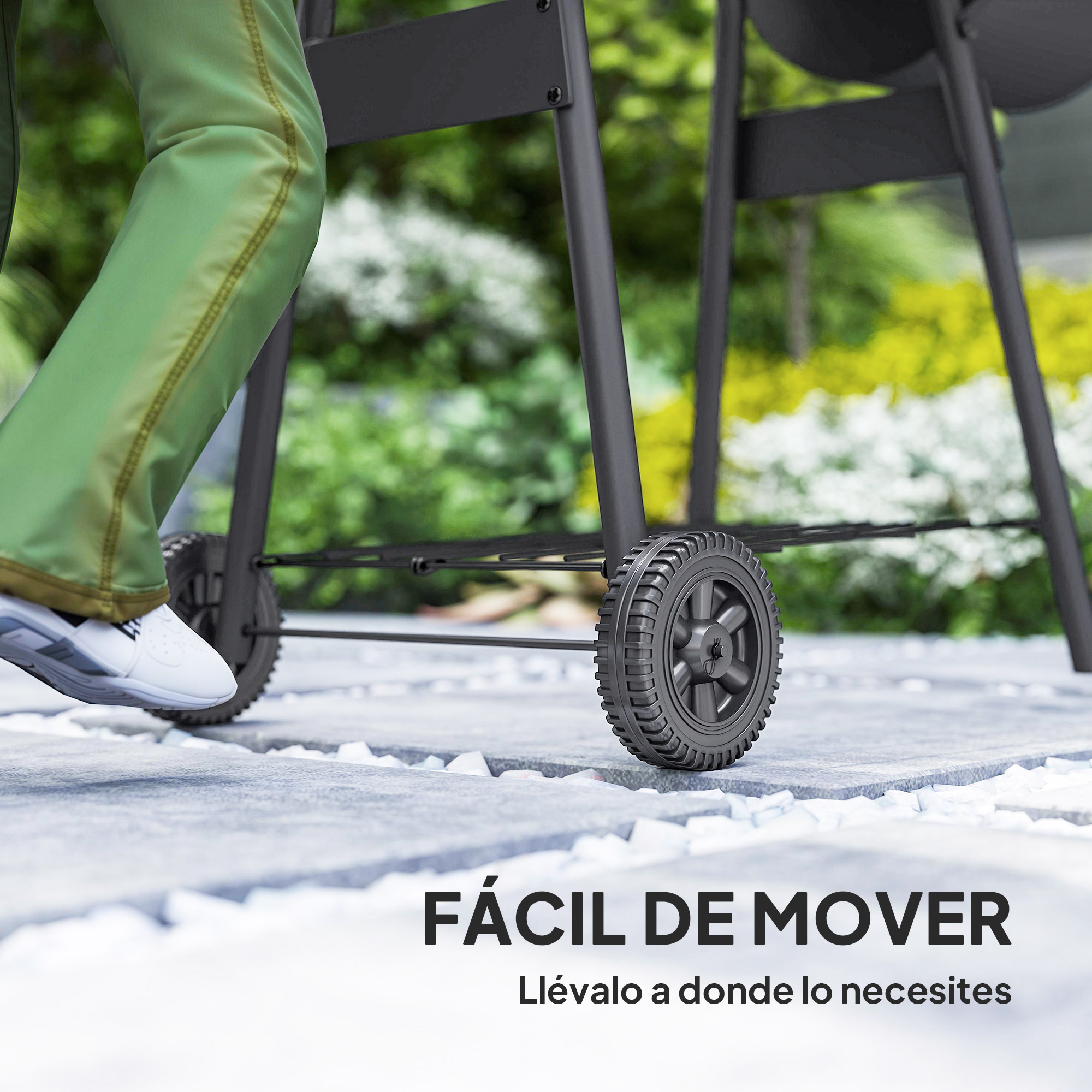 La pierna de una persona y la rueda de una parrilla. El texto dice 'FÁCIL DE MOVER' y 'Llévalo a donde lo necesites'.