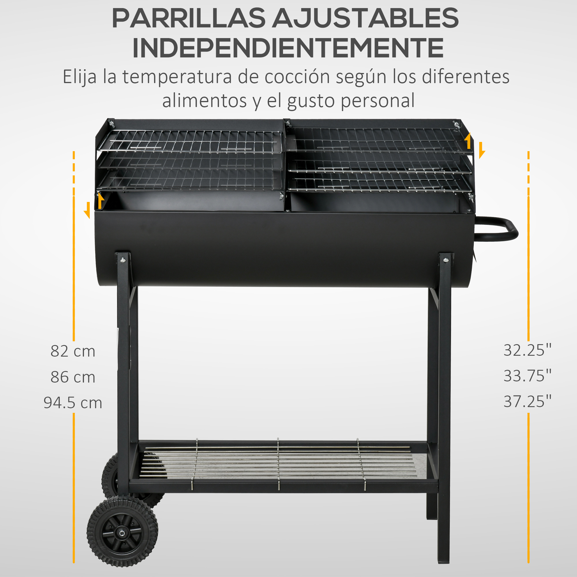 Parrilla negra con rejillas ajustables y ruedas. Las medidas se muestran en el lateral. Texto en español presente.