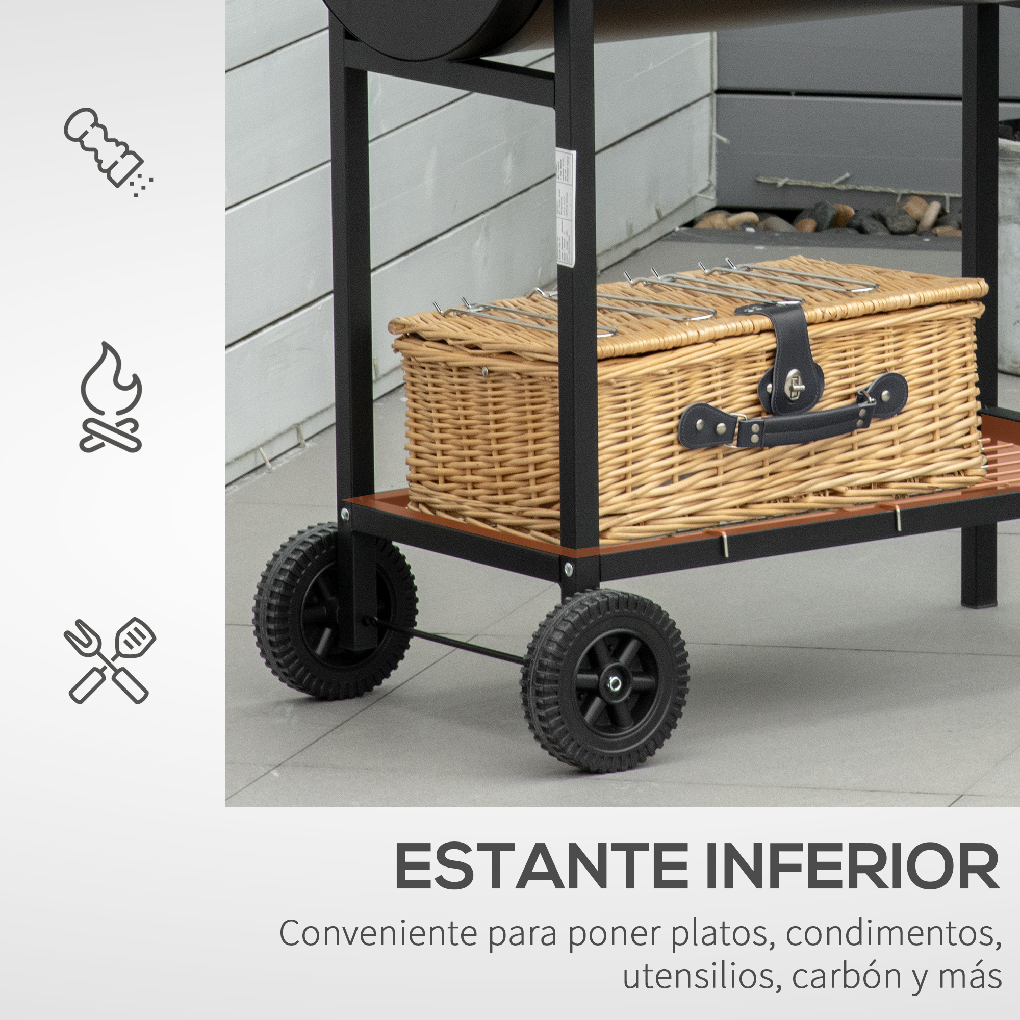 Un carro negro con una cesta de mimbre está en un patio. El carro tiene dos ruedas. El texto dice 'ESTANTE INFERIOR' y 'Convenient for plates'.