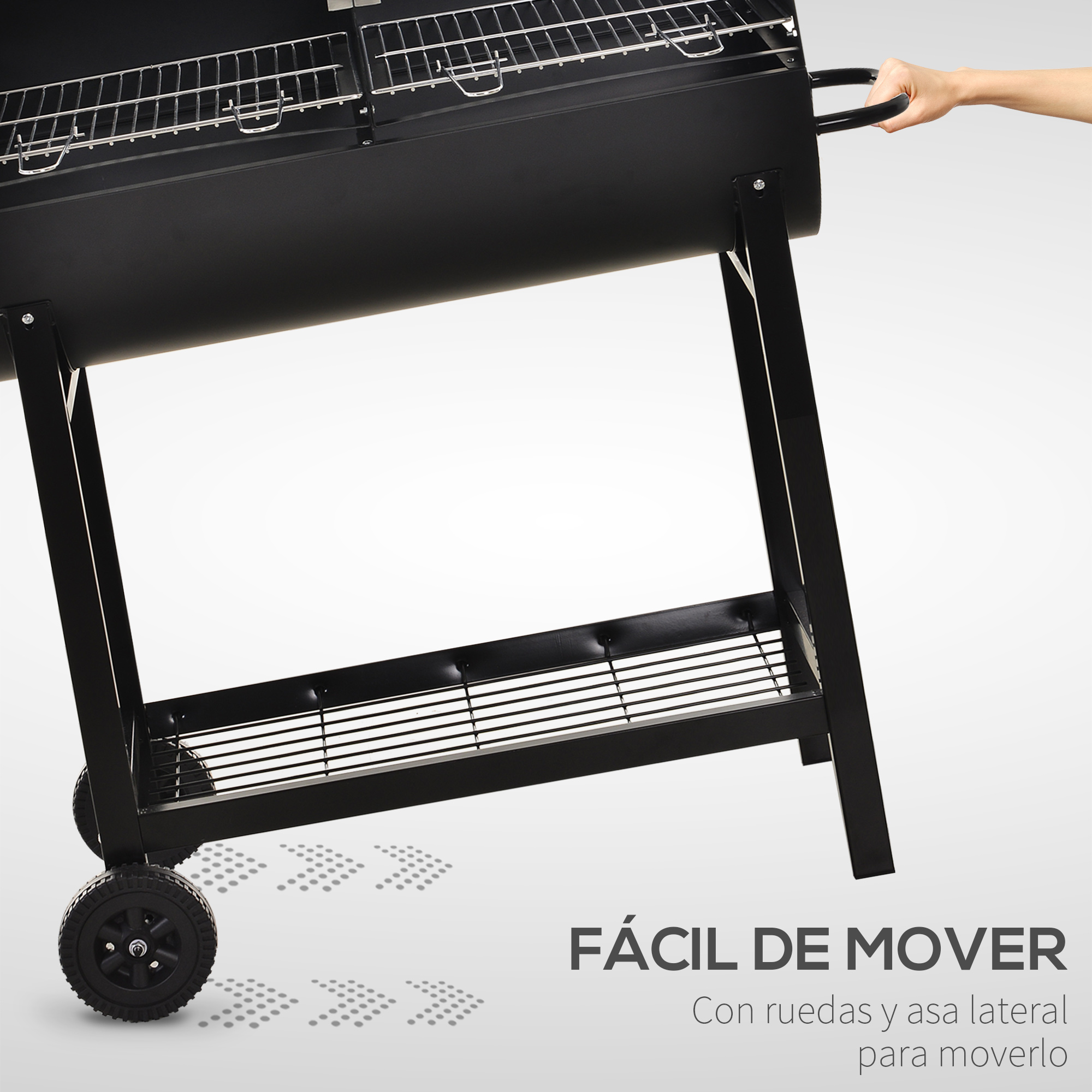 Parrilla negra con ruedas. Una mano sostiene el asa. El texto dice 'Fácil de mover' con ruedas y asa lateral.