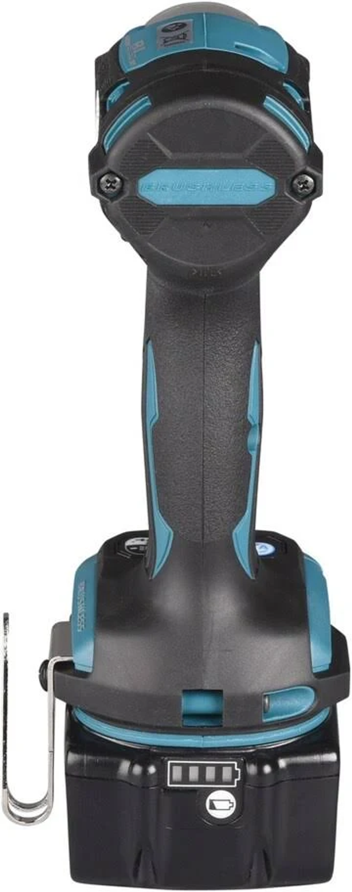 Czarno-turkusowa wiertarko-wkrętarka akumulatorowa. Posiada akumulator, uchwyt z turkusowymi akcentami i turkusową górną część.