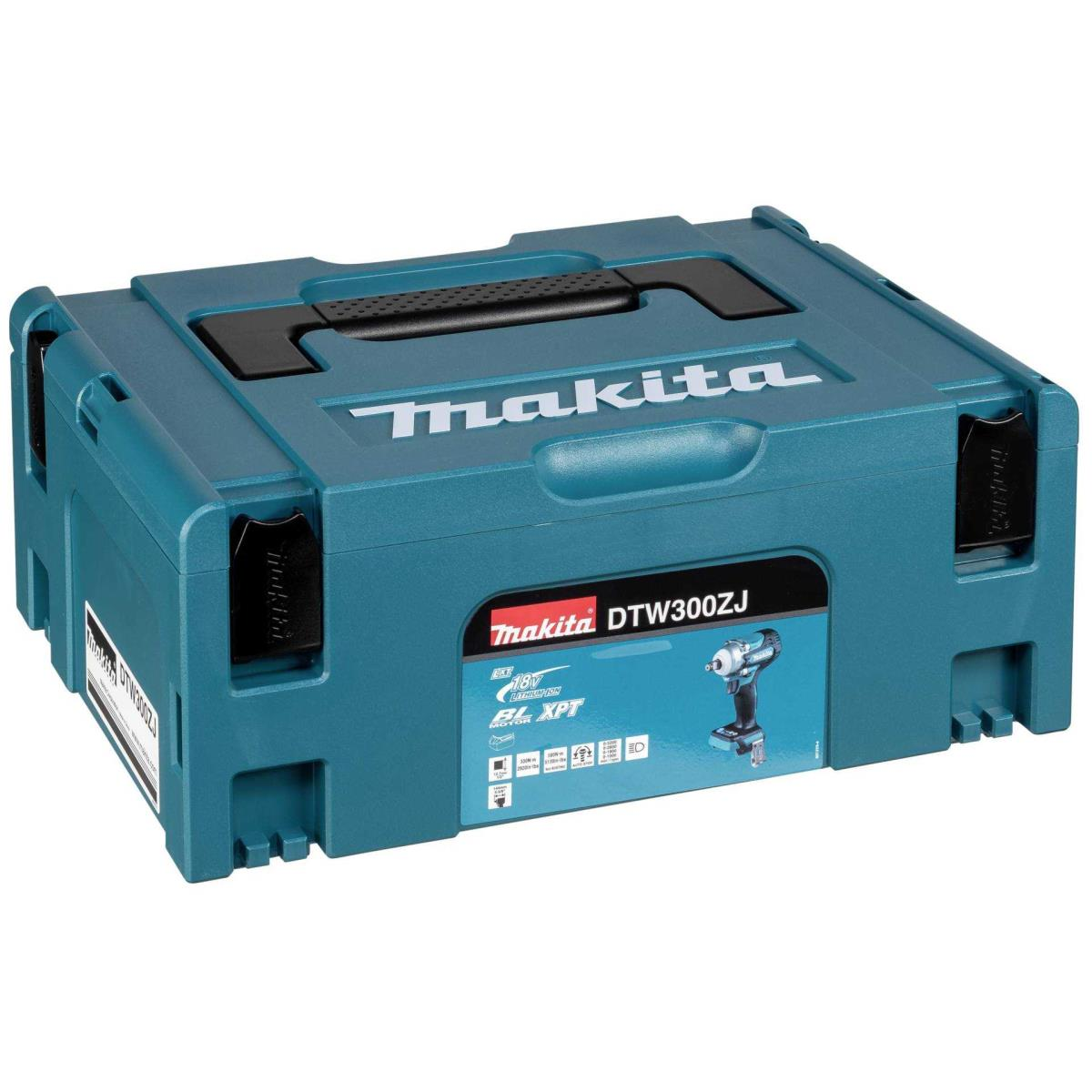 Una cassetta degli attrezzi Makita turchese. Il coperchio ha una maniglia e il nome del marchio. Il davanti ha un adesivo con il modello DTW300ZJ e un trapano avvitatore.