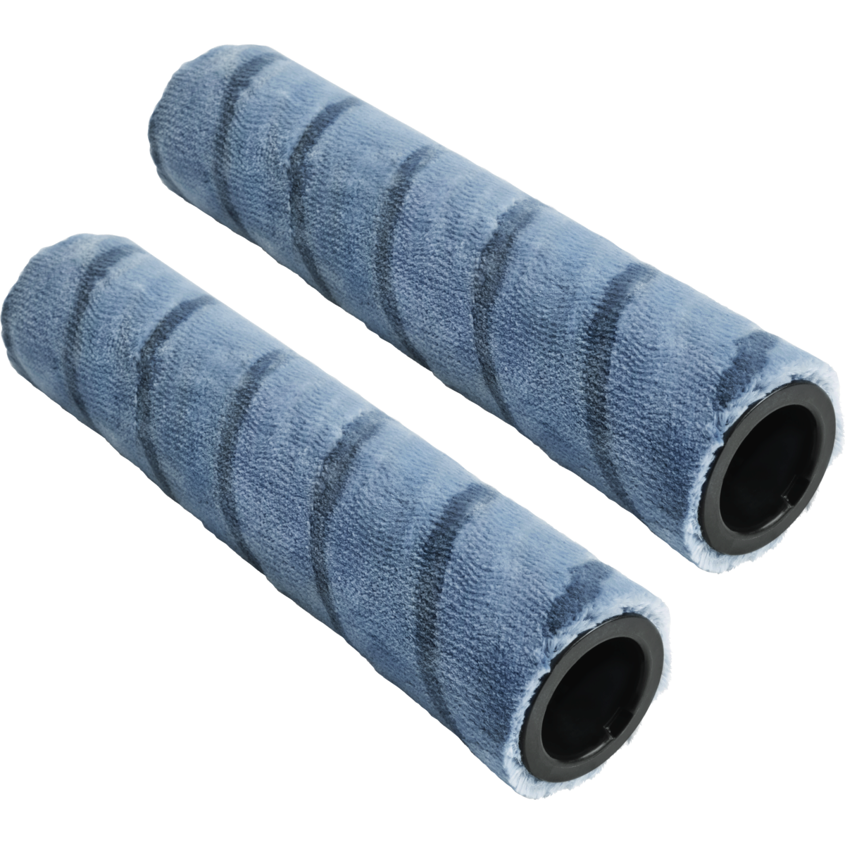 Zwei blaue Farbwalzenbezüge mit dunklen Streifen und schwarzen Innenrohren, vor schwarzem Hintergrund.