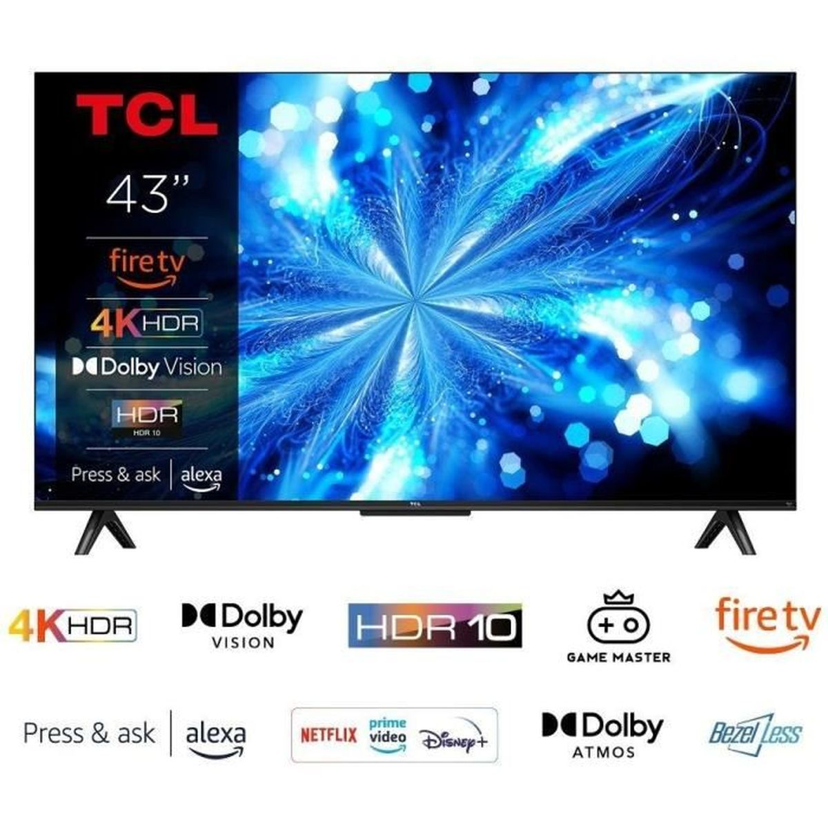 TCL 43" Fire TV. Funkcje: 4K HDR, Dolby Vision, HDR 10 i sterowanie głosowe Alexa. Loga serwisów streamingowych.