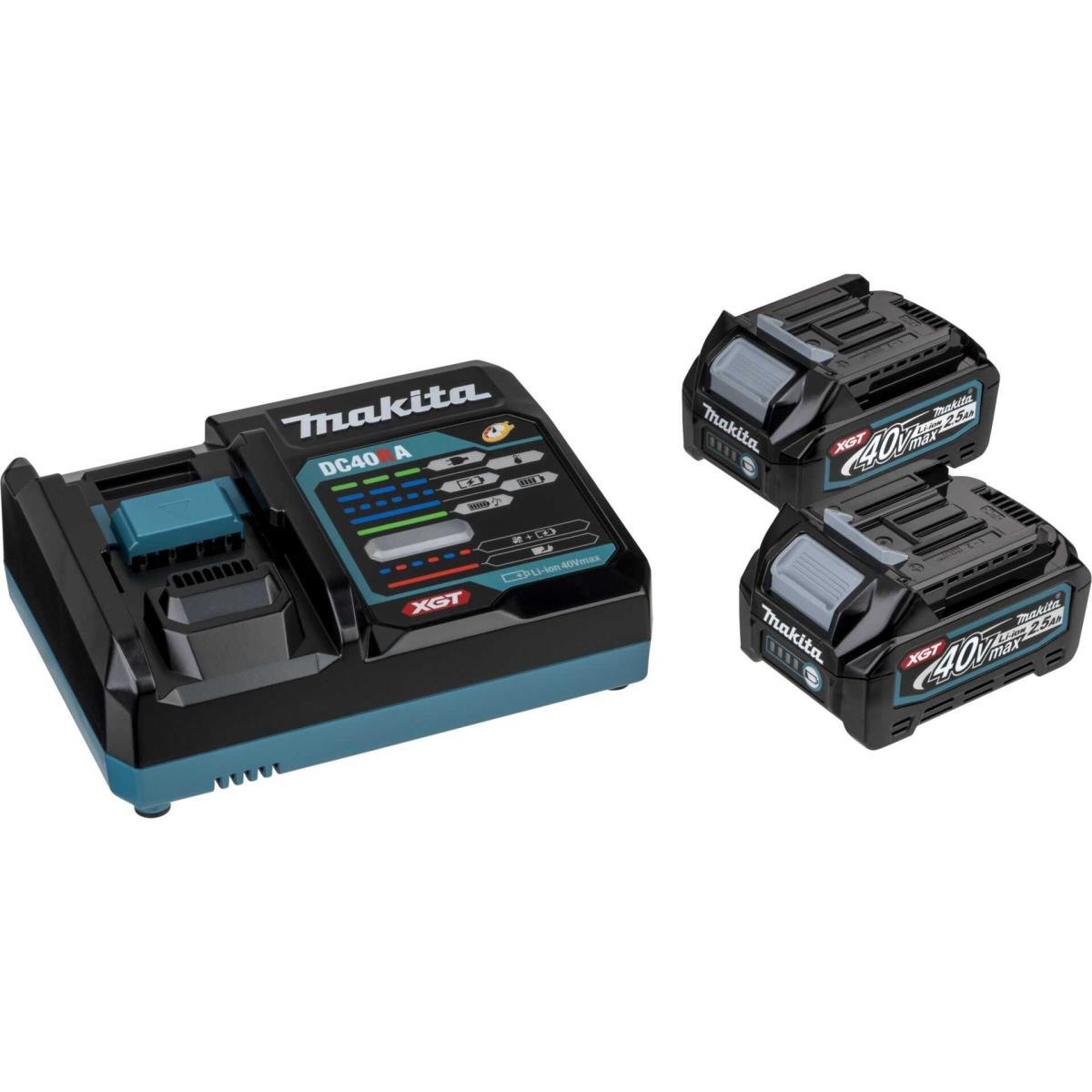 Se muestra un cargador de batería Makita y dos baterías. El cargador es negro y verde azulado. Las baterías son negras con detalles grises.