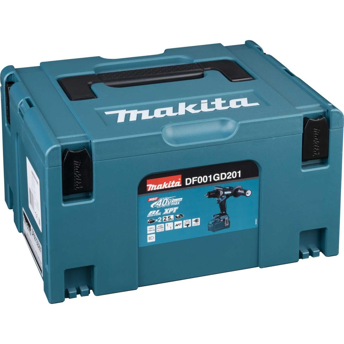 Una caja de herramientas Makita turquesa con asa y cierres negros. Contiene un taladro e información del producto. El logo de Makita.