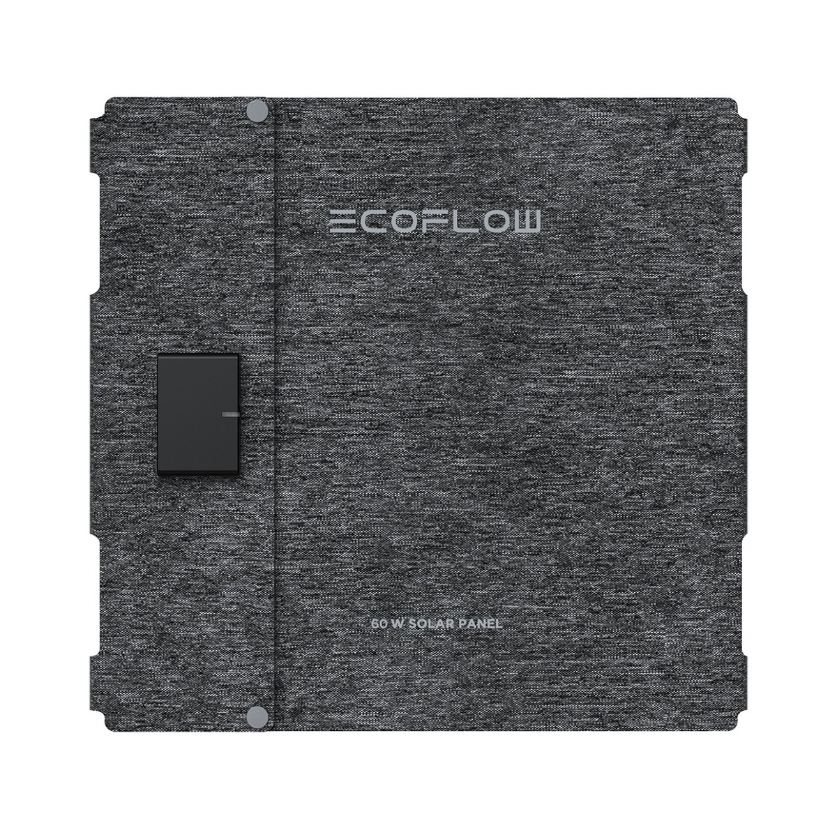 Płaski, szary panel słoneczny EcoFlow 60W. Ma ciemnoszarą skrzynkę kontrolną i logo EcoFlow. Panel jest złożony.