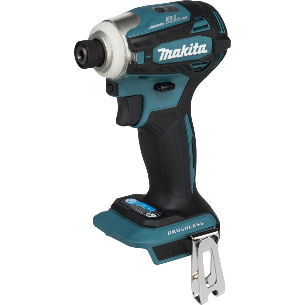 Un destornillador de impacto inalámbrico Makita de color verde azulado y negro. Tiene un mango negro, un portabrocas plateado y un clip para cinturón. 'BRUSHLESS' es visible.