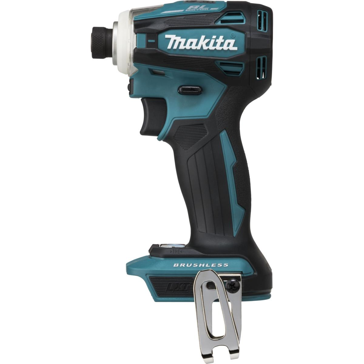 Un atornillador de impacto Makita de color verde azulado y negro. El mango es negro, con un cuerpo verde azulado y el logotipo de Makita. Un clip plateado está adjunto.